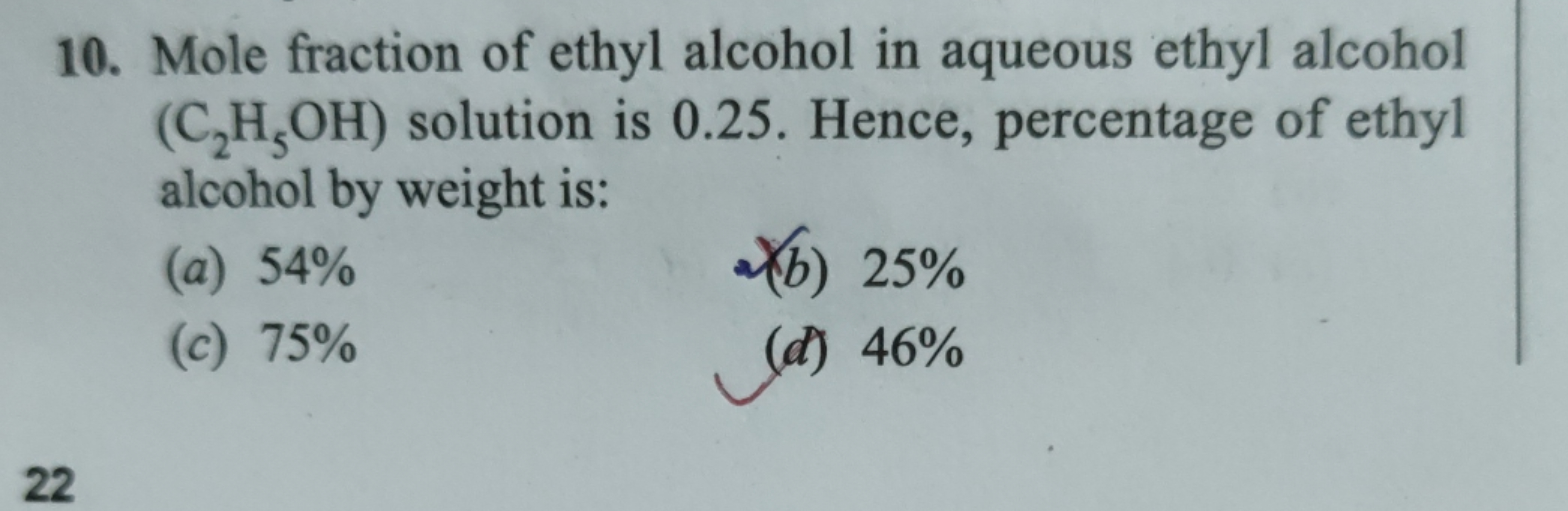 10. Mole fraction of ethyl alcohol in aqueous ethyl alcohol (C2​H5​OH)