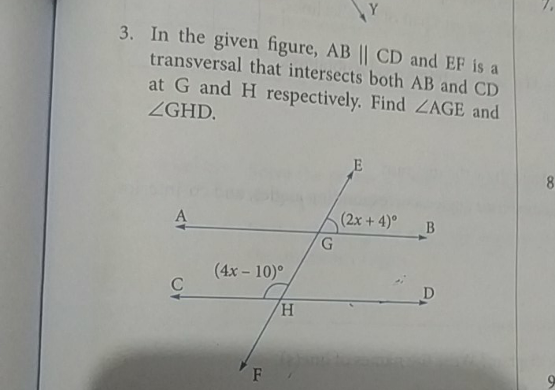 3. In the given figure, AB∥CD and EF is a transversal that intersects 