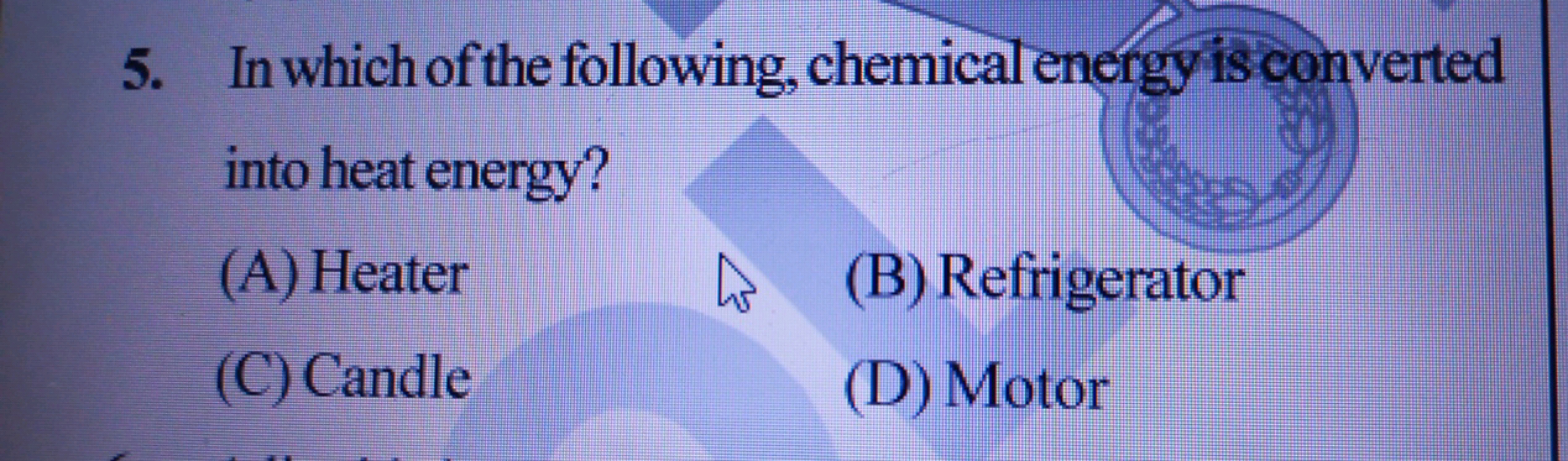 5. In which of the following, chemicalenergy is converted into heat en