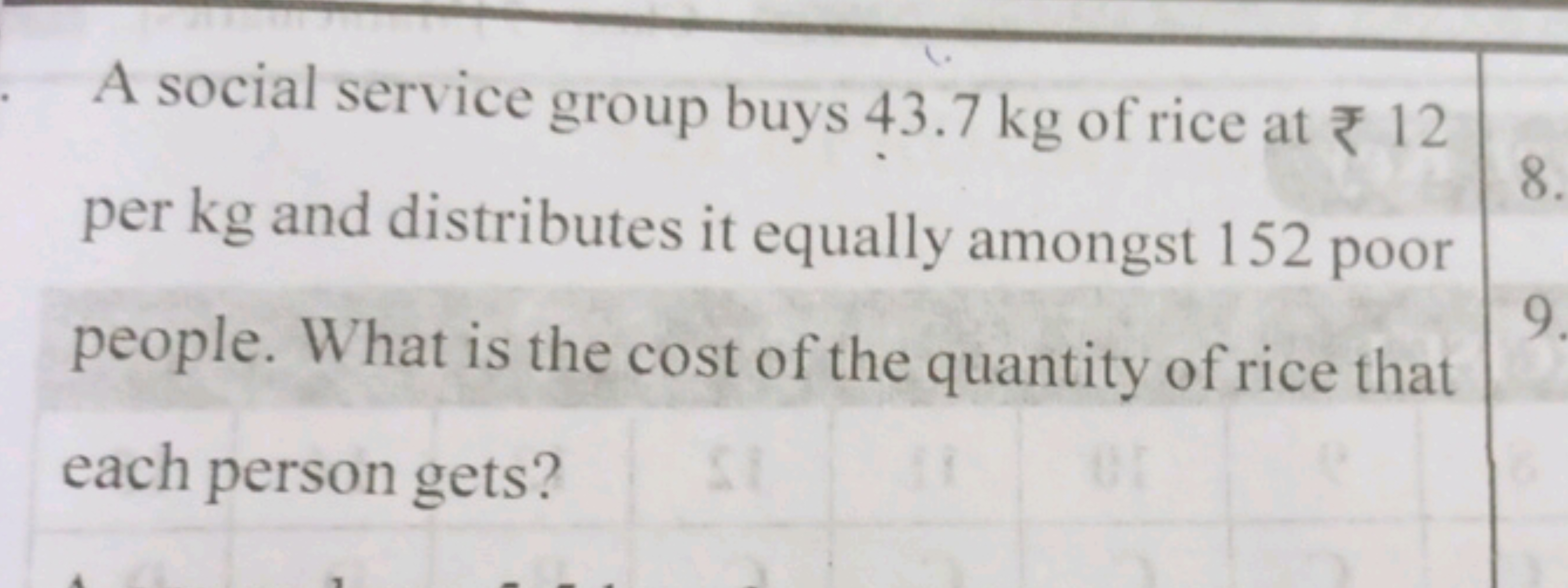 A social service group buys 43.7 kg of rice at ₹12 per kg and distribu