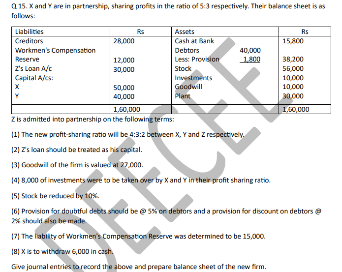 Q 15. X and Y are in partnership, sharing profits in the ratio of 5:3 