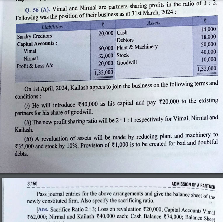 Q. 56 (A). Vimal and Nirmal are partners sharing profits in the ratio 