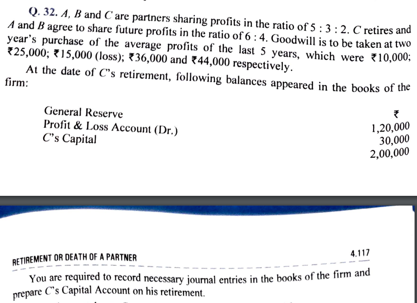 Q. 32. A,B and C are partners sharing profits in the ratio of 5:3:2.C 