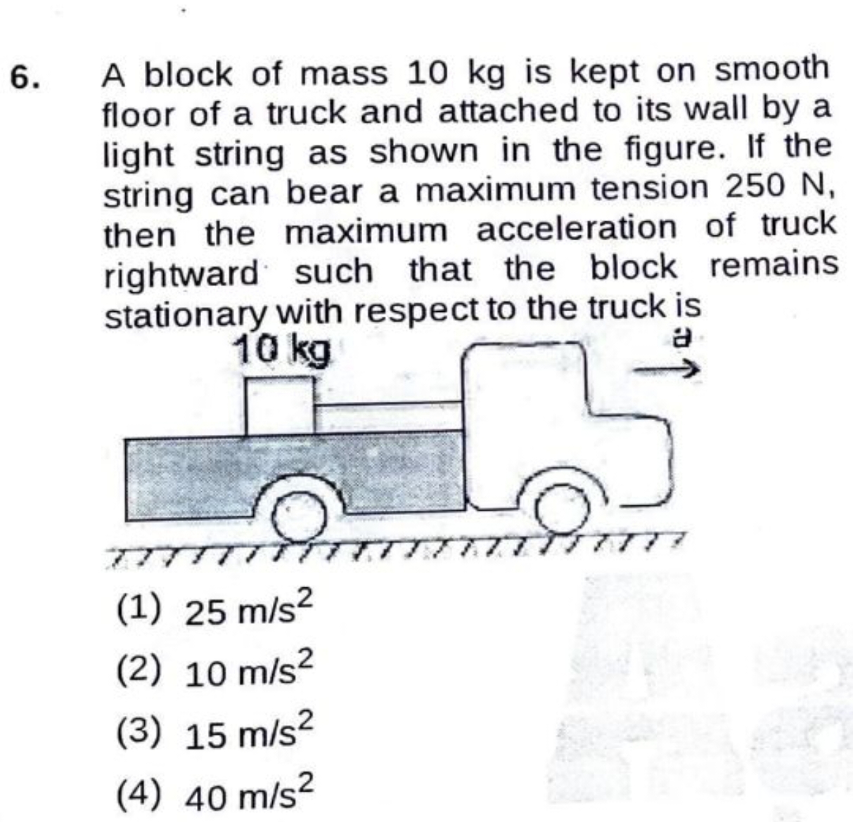 6. A block of mass 10 kg is kept on smooth floor of a truck and attach