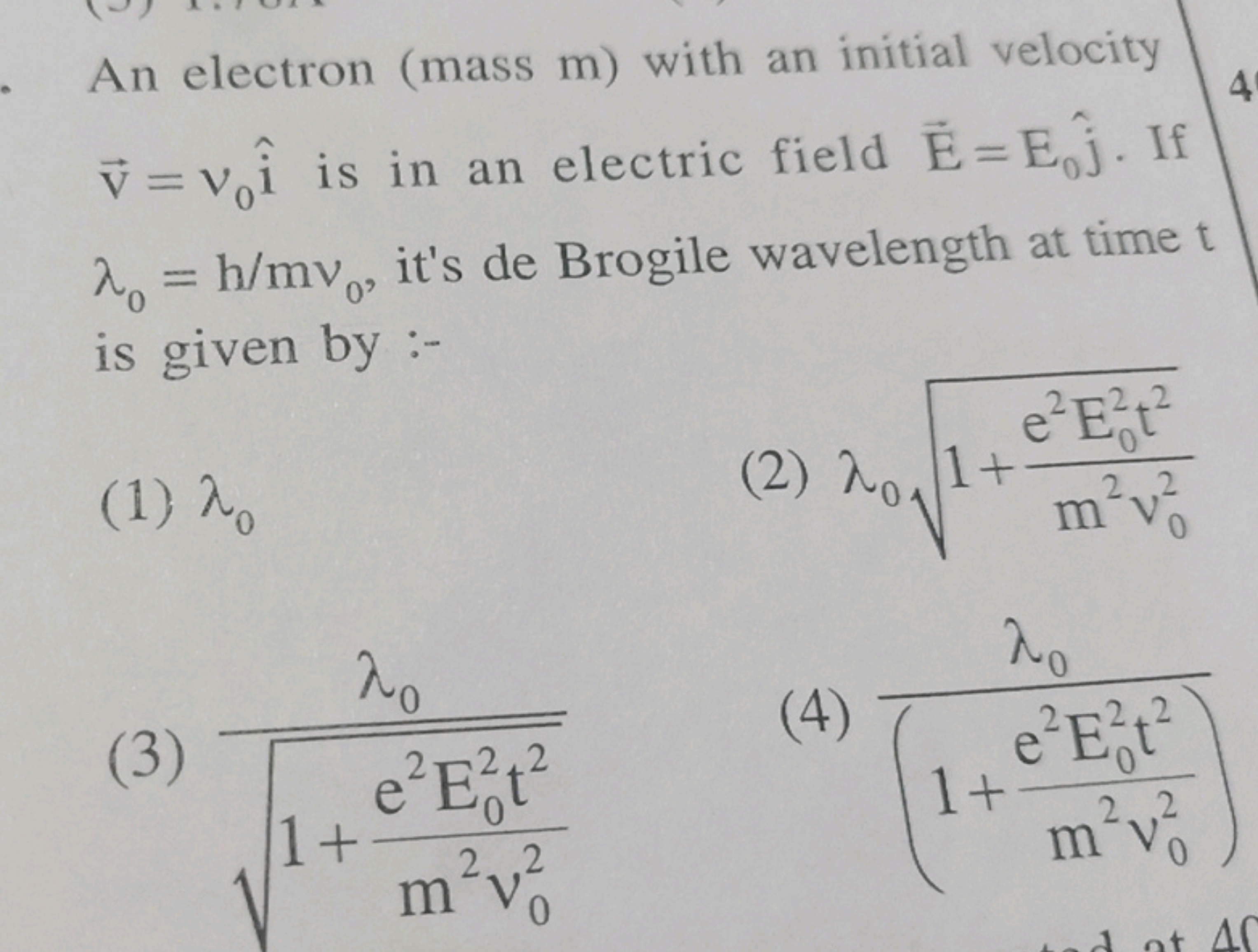 An electron (mass m ) with an initial velocity v=v0​i^ is in an electr