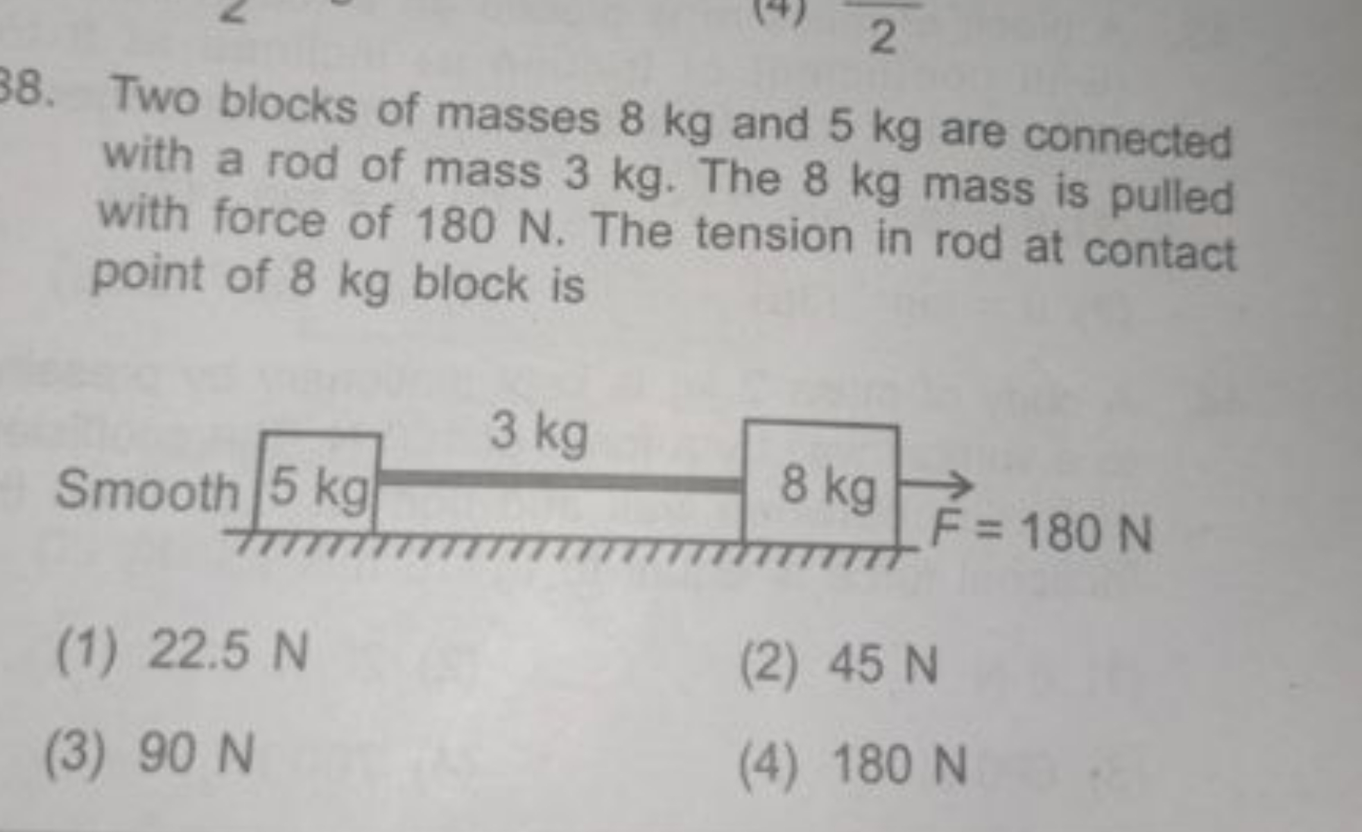 88. Two blocks of masses 8 kg and 5 kg are connected with a rod of mas