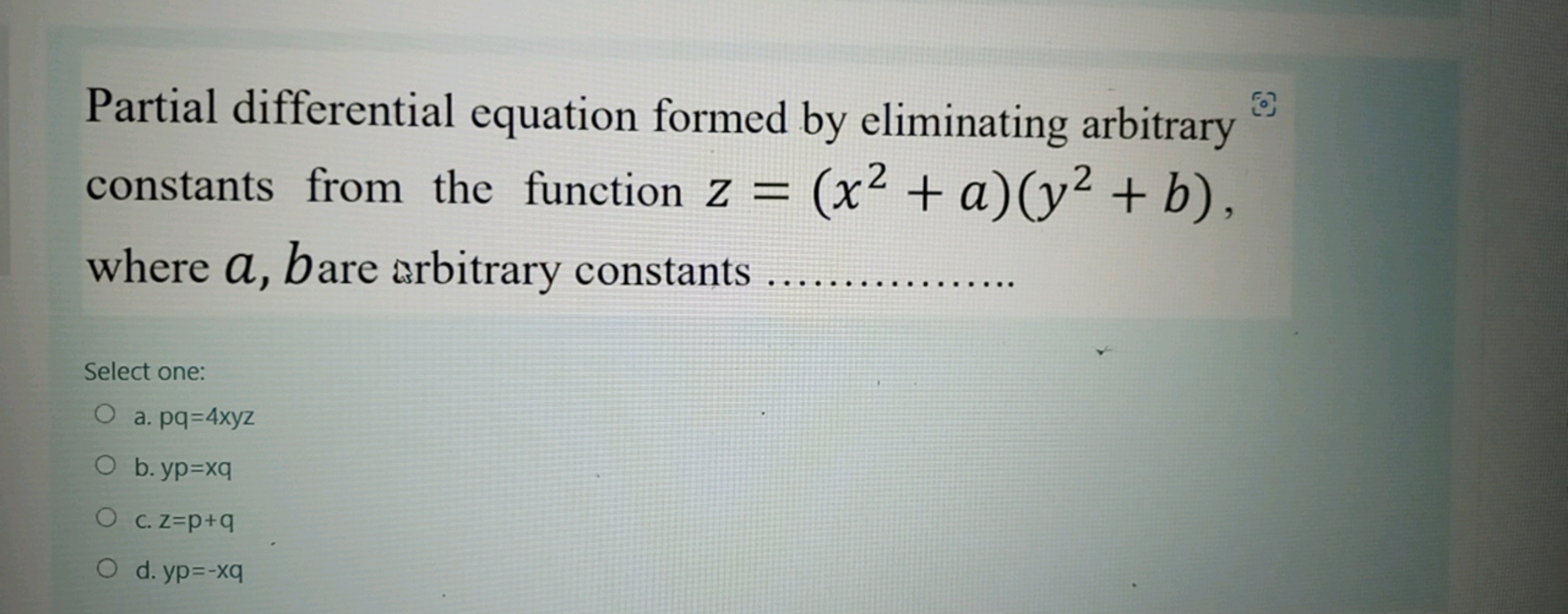 Partial differential equation formed by eliminating arbitrary
Z
2
cons