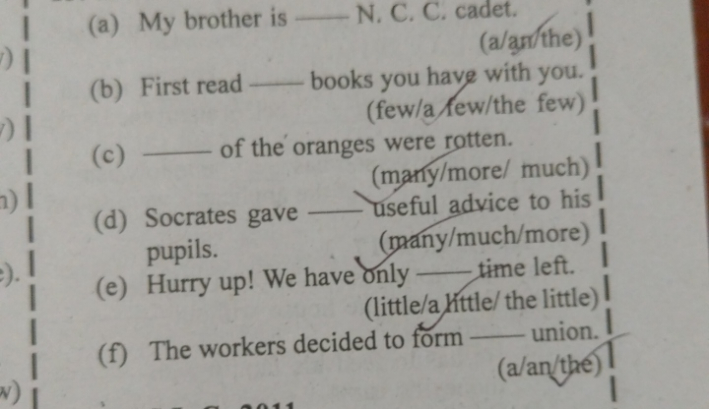 (a) My brother is - N. C. C. cadet.
(a/an/the)
(b) First read  books y