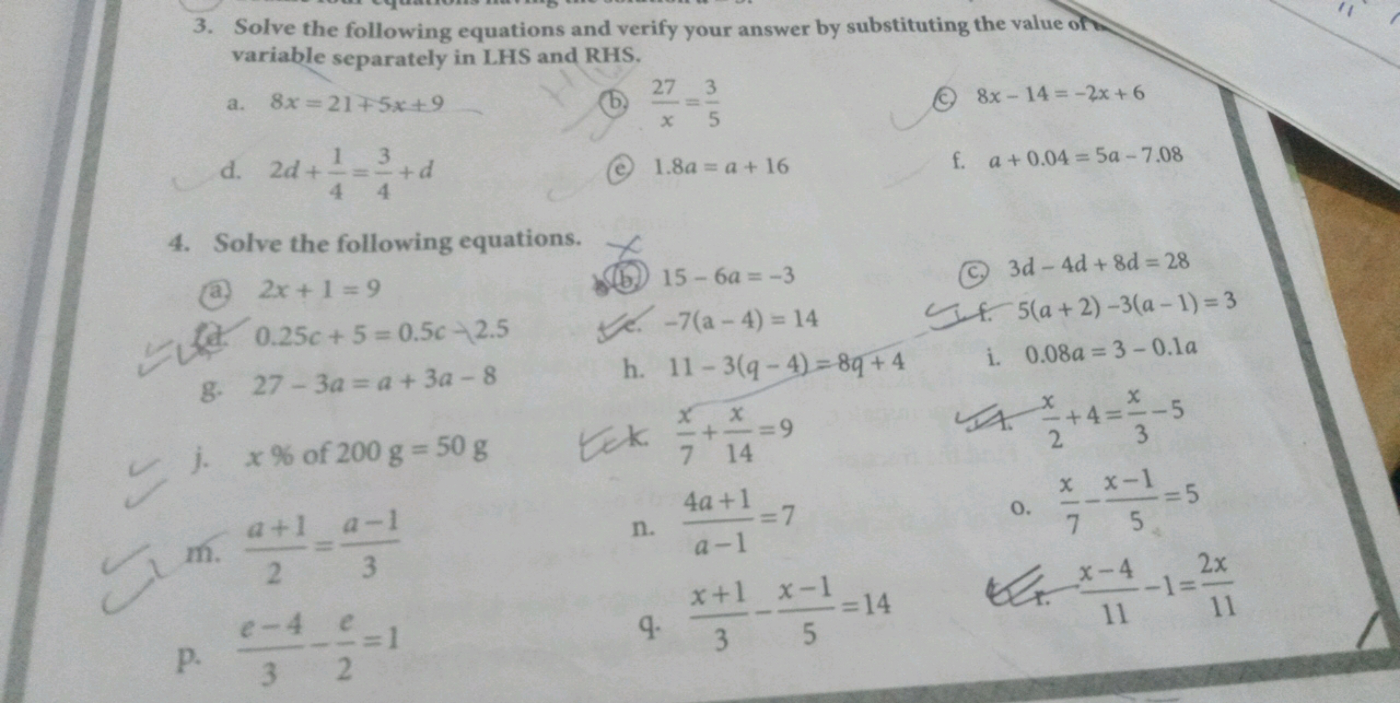 3. Solve the following equations and verify your answer by substitutin