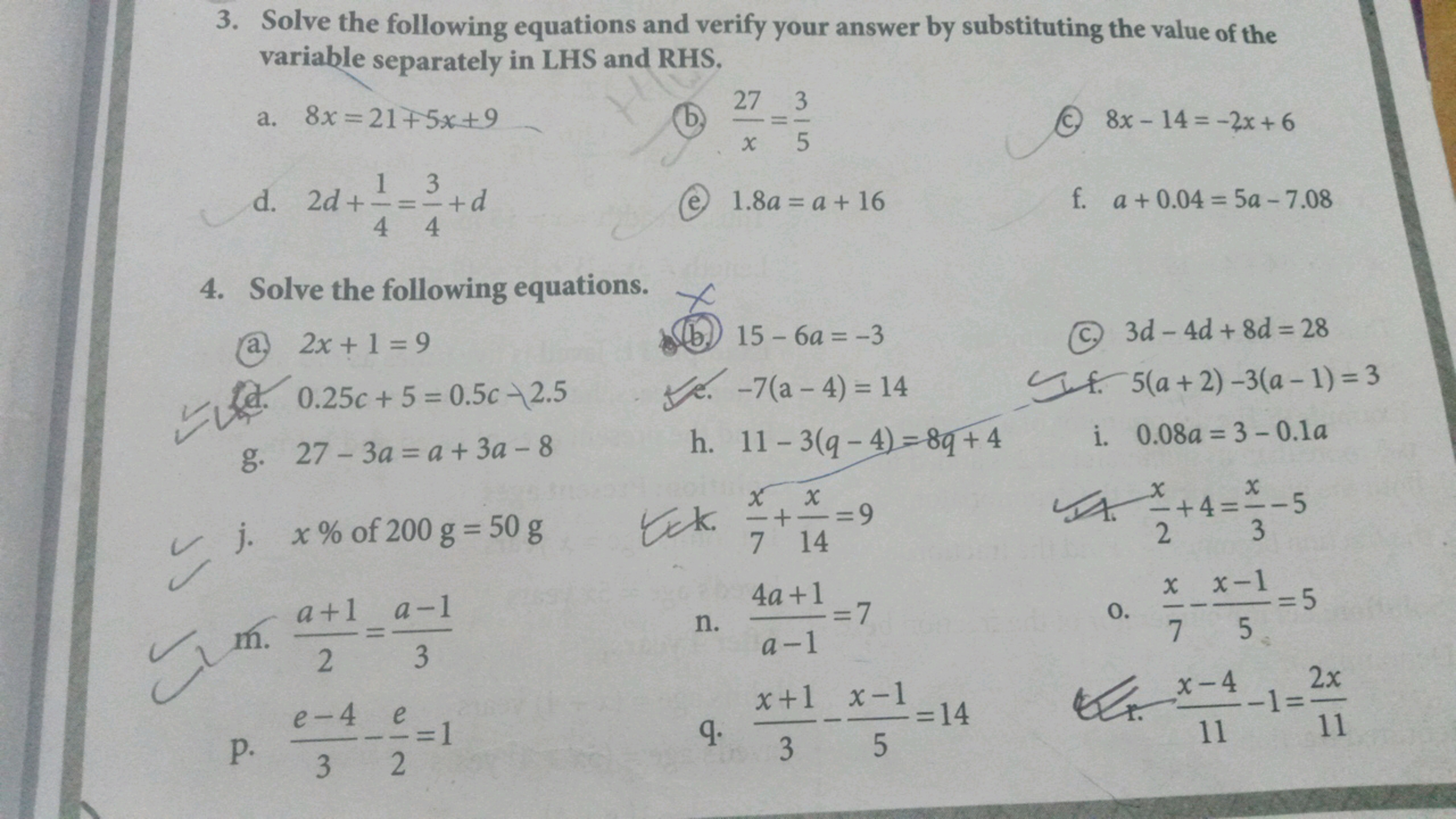 3. Solve the following equations and verify your answer by substitutin