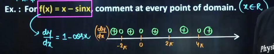 Ex. : For f(x)=x−sinx, comment at every point of domain. (x∈R)
Physi
