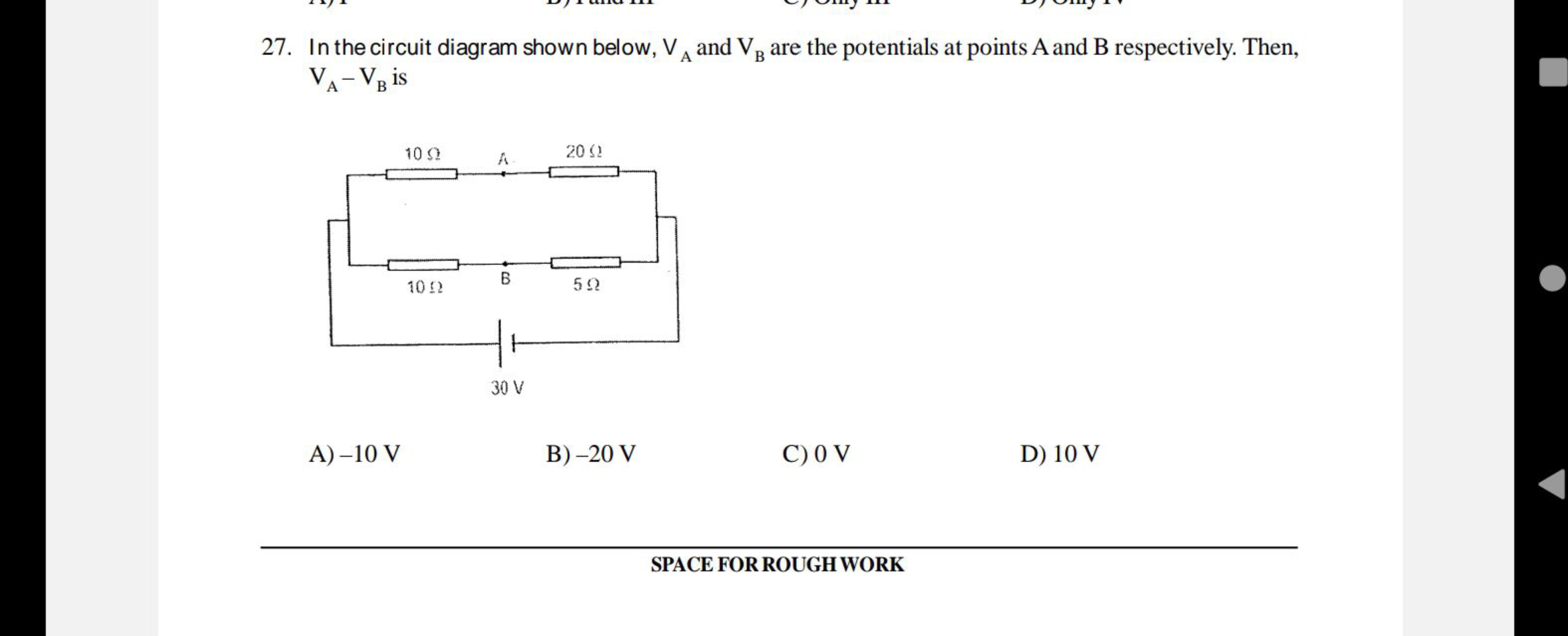 27. In the circuit diagram shown below, VA​ and VB​ are the potentials