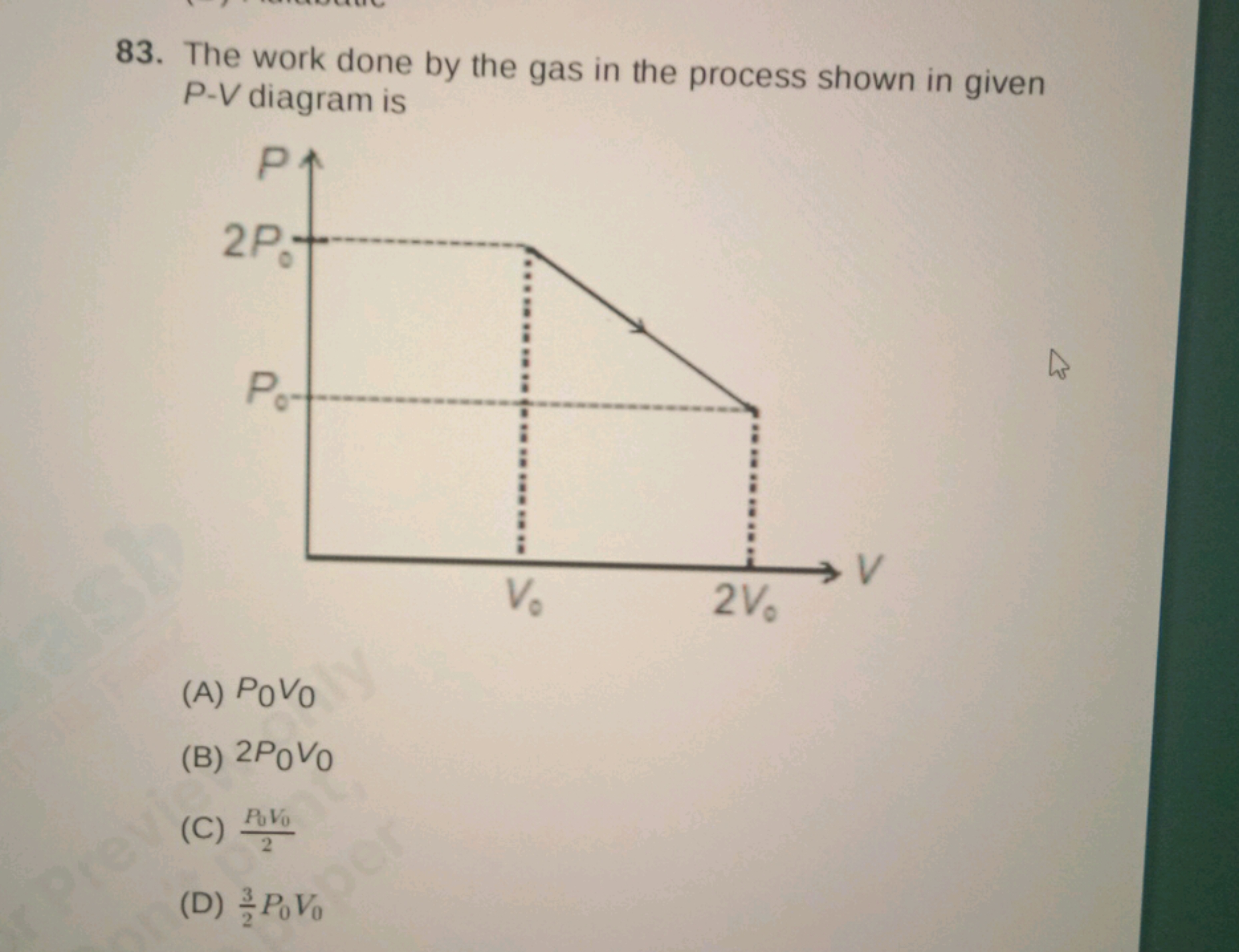 83. The work done by the gas in the process shown in given P - V diagr