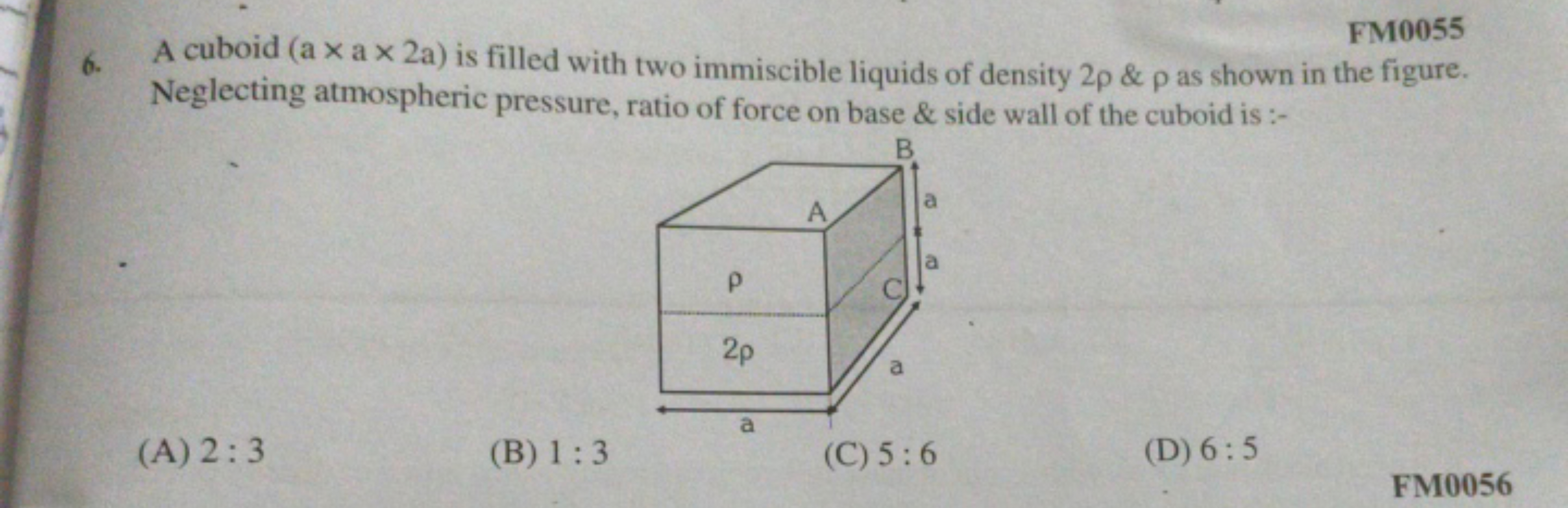 FM0055
6. A cuboid (a x ax 2a) is filled with two immiscible liquids o