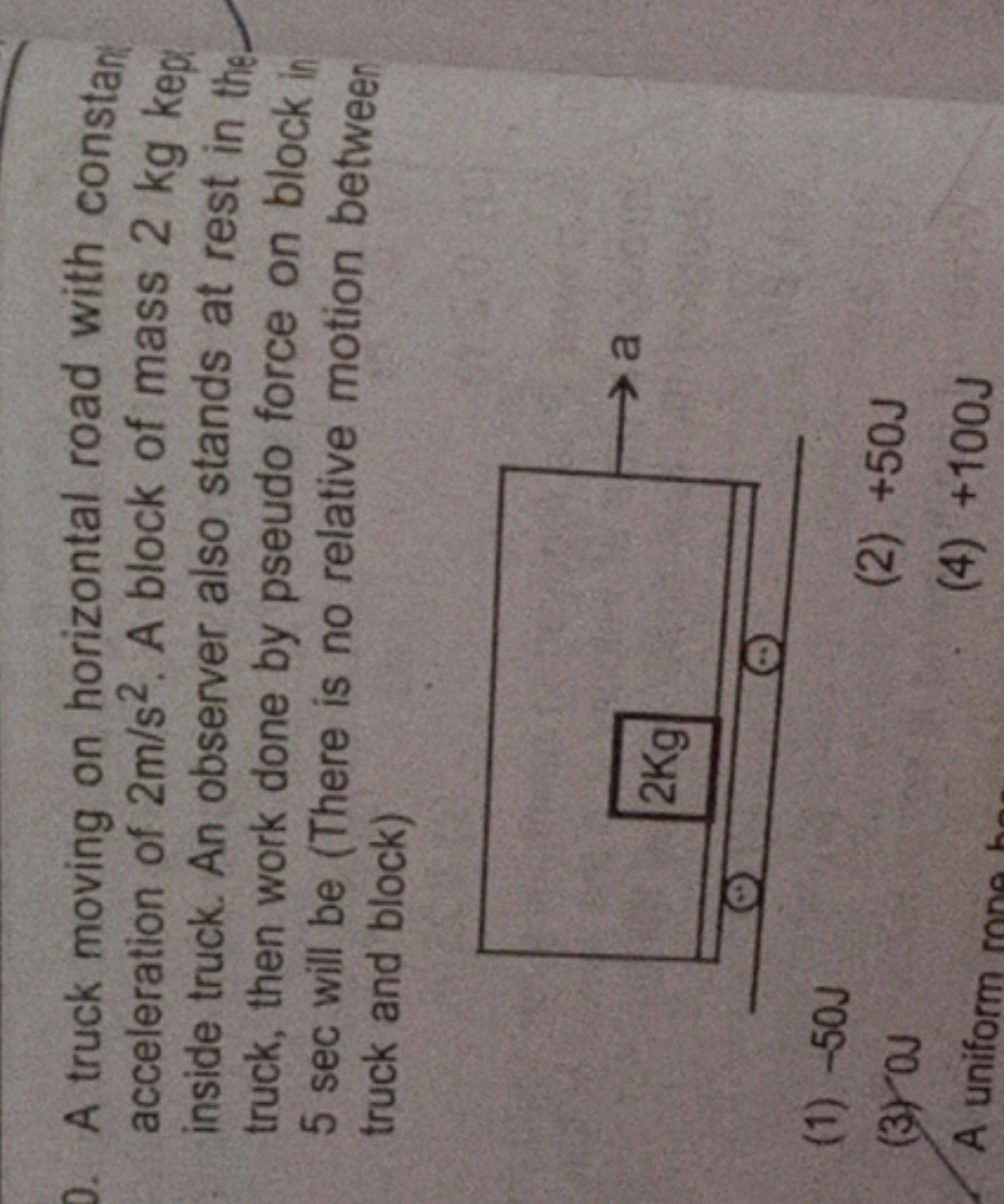 A truck moving on horizontal road with constan acceleration of 2 m/s2.