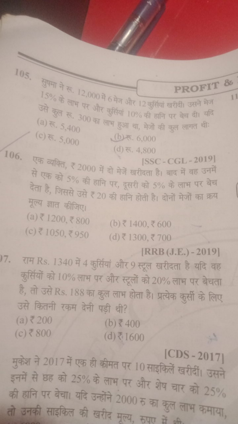 105 .
हुपमा ने त्रा PROFIT 80
15% के त. 12,000 में 6 मेज और 12 कुर्सिय