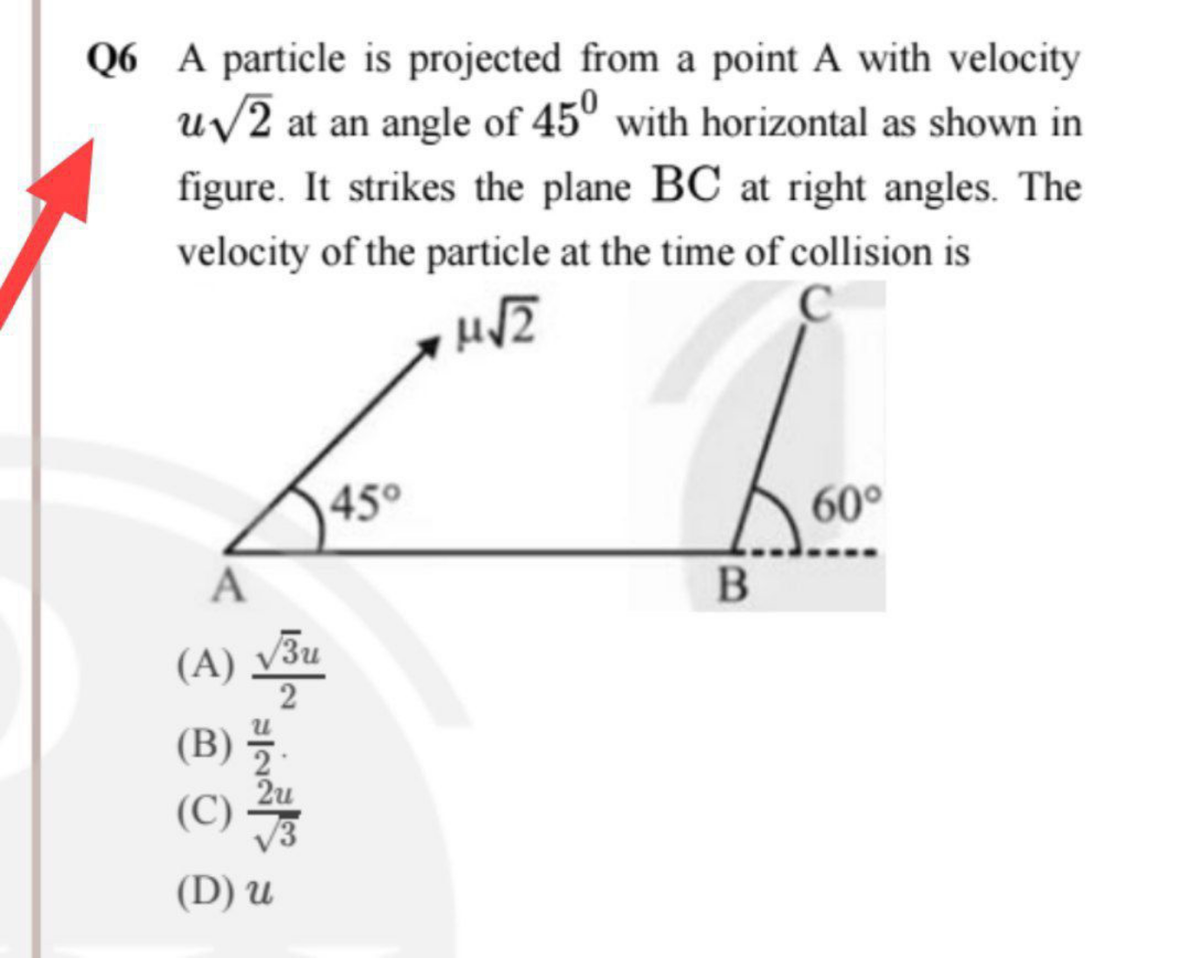 Q6 A particle is projected from a point A with velocity u2​ at an angl