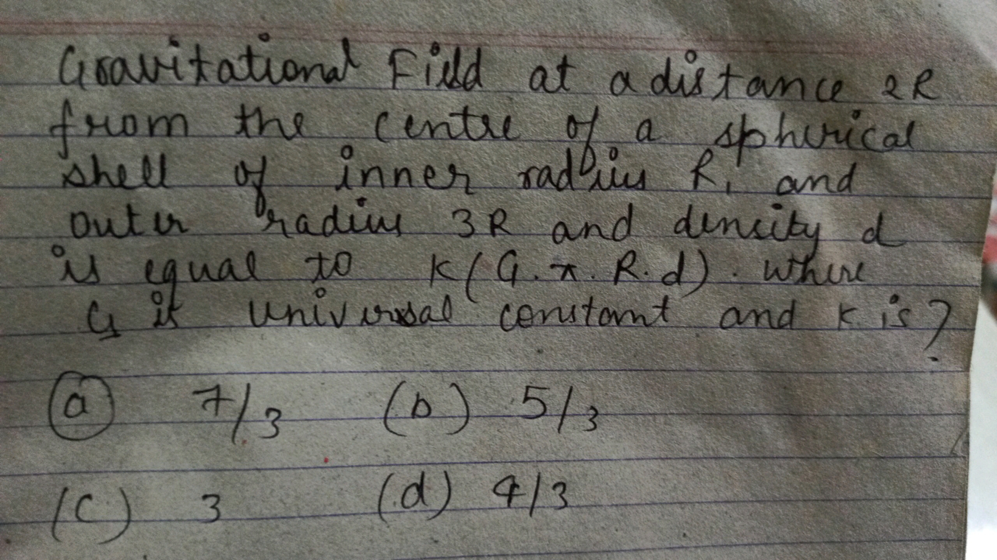 Gravitational Fill at a distance 2R from the centre of a spherical she