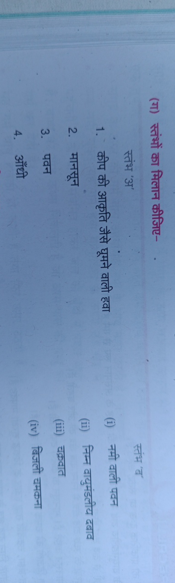 (ग) स्तंभों का मिलान कीजिए-
स्तंभ 'अ'
स्तंभ 'ब'
1. कीप की आकृति जैसे घ