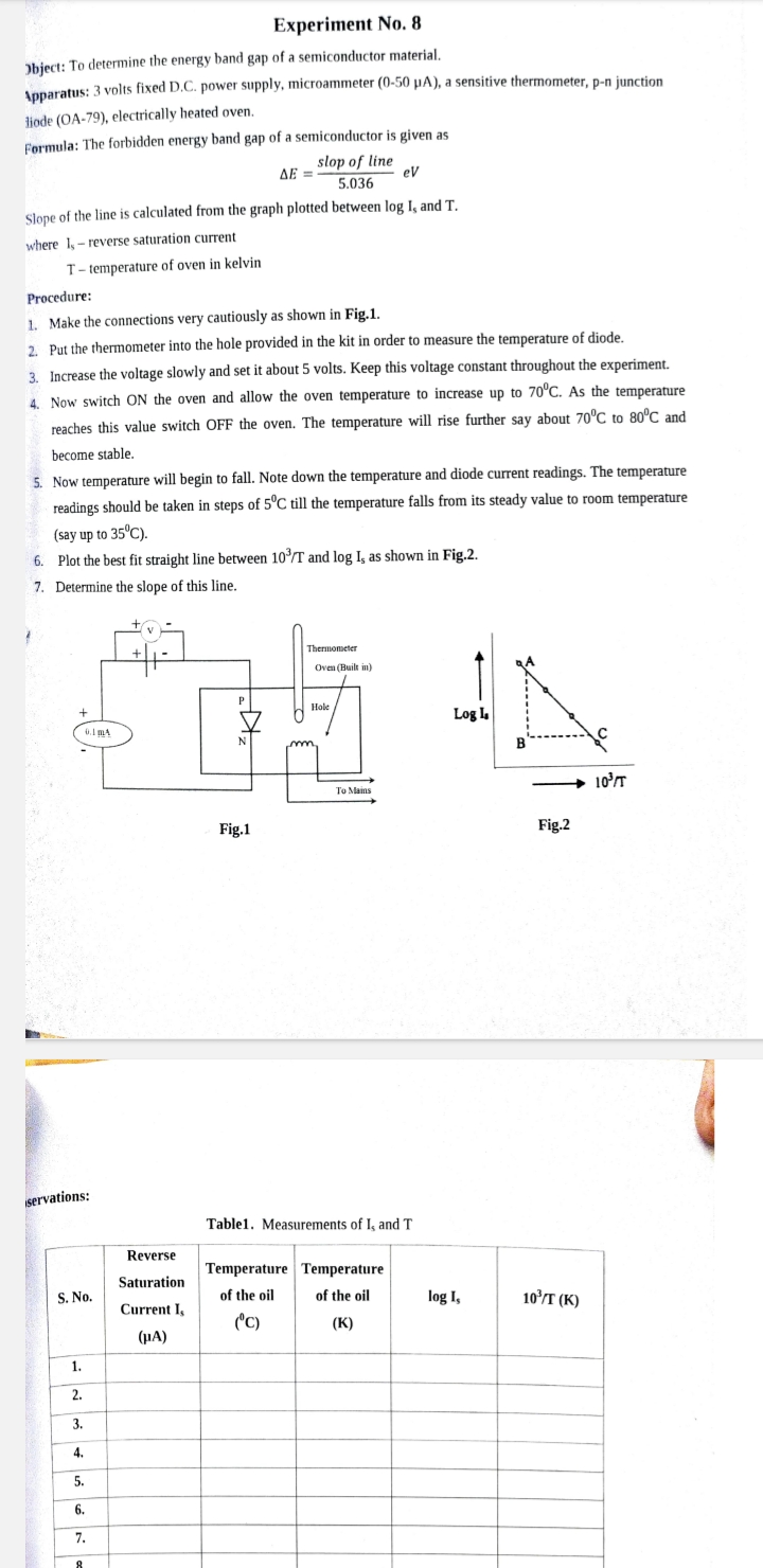 Experiment No. 8
Jbject: To determine the energy band gap of a semicon