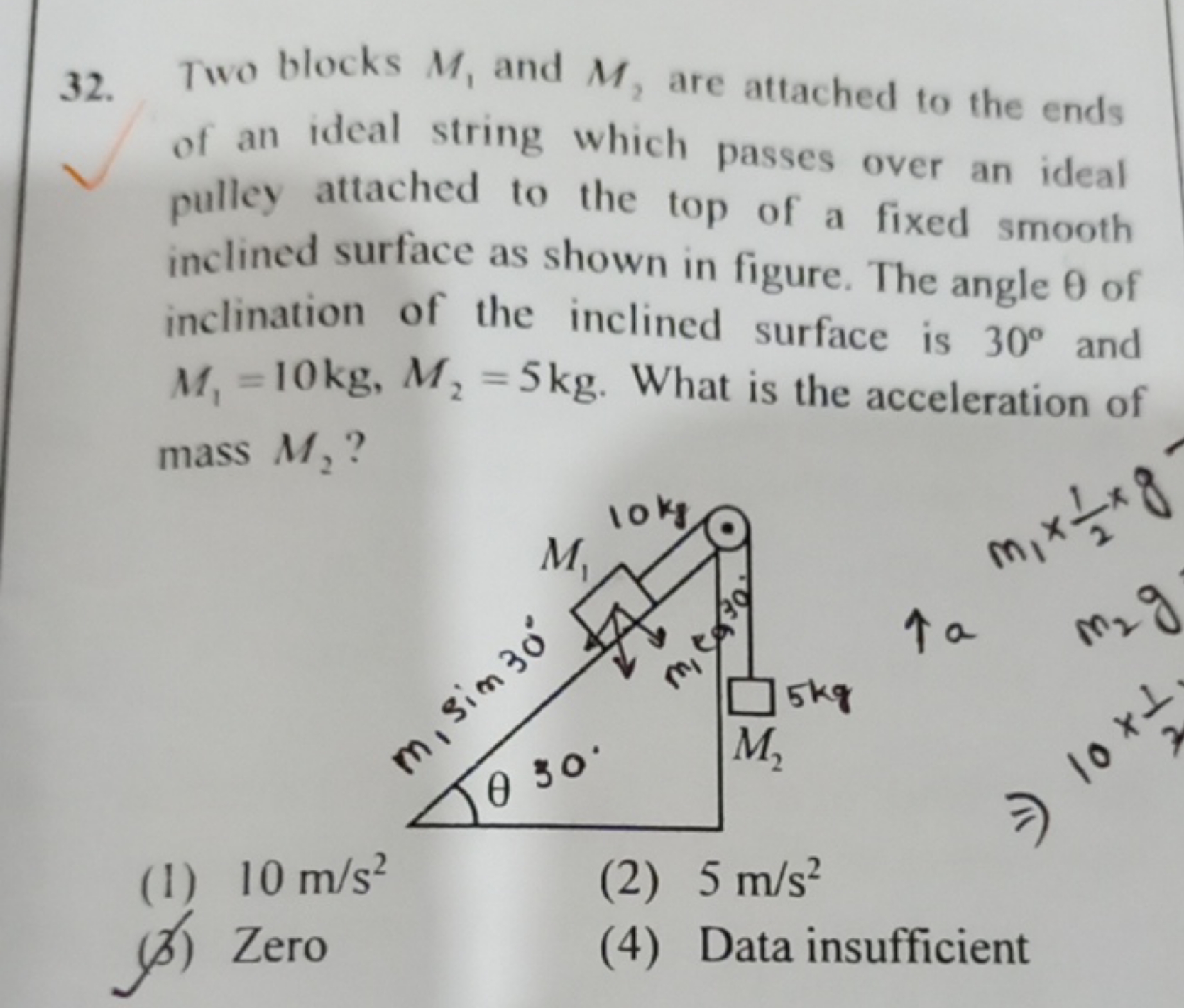 32. Two blocks M1​ and M2​ are attached to the ends of an ideal string