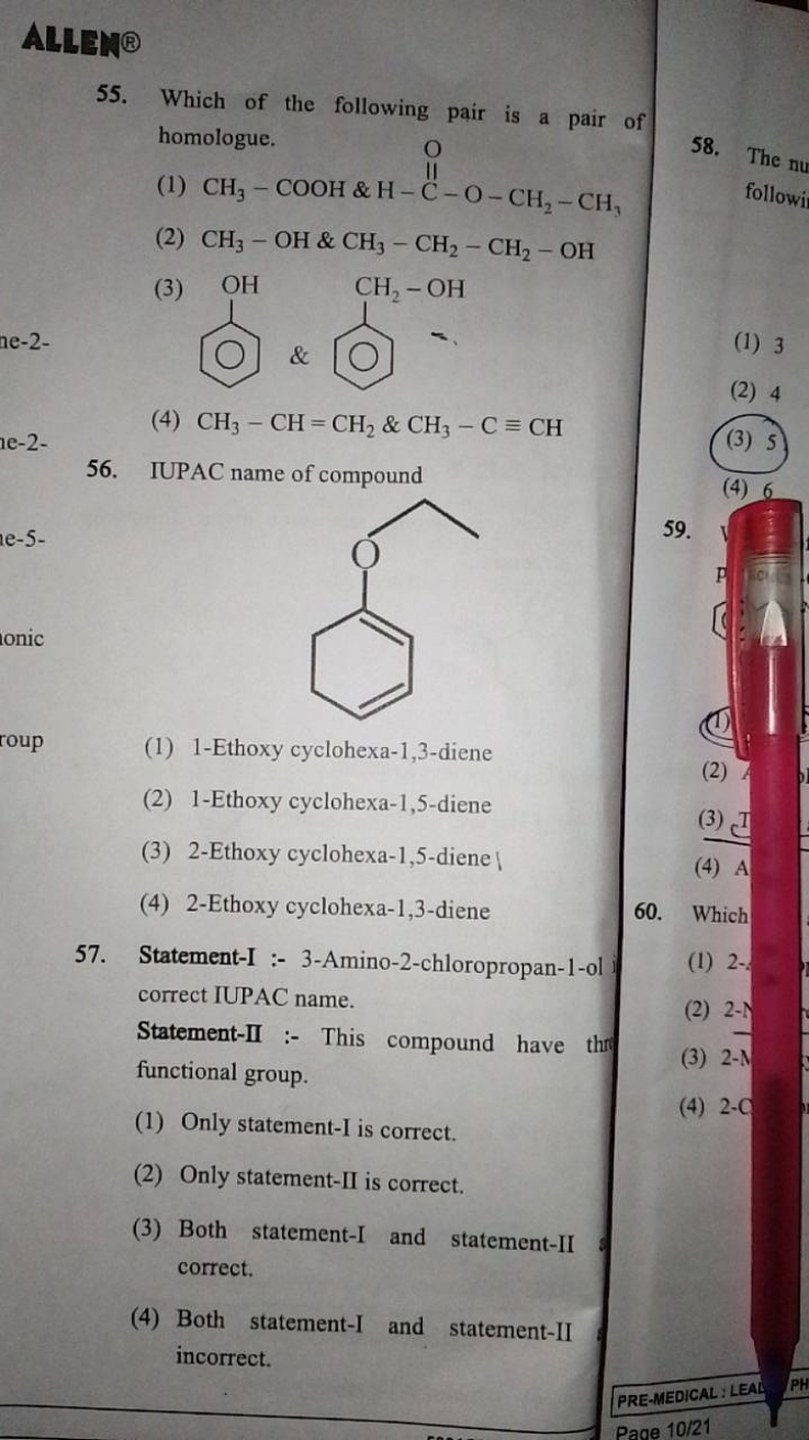 ALLEN®
55. Which of the following pair is a pair of homologue.
(1)
CCO