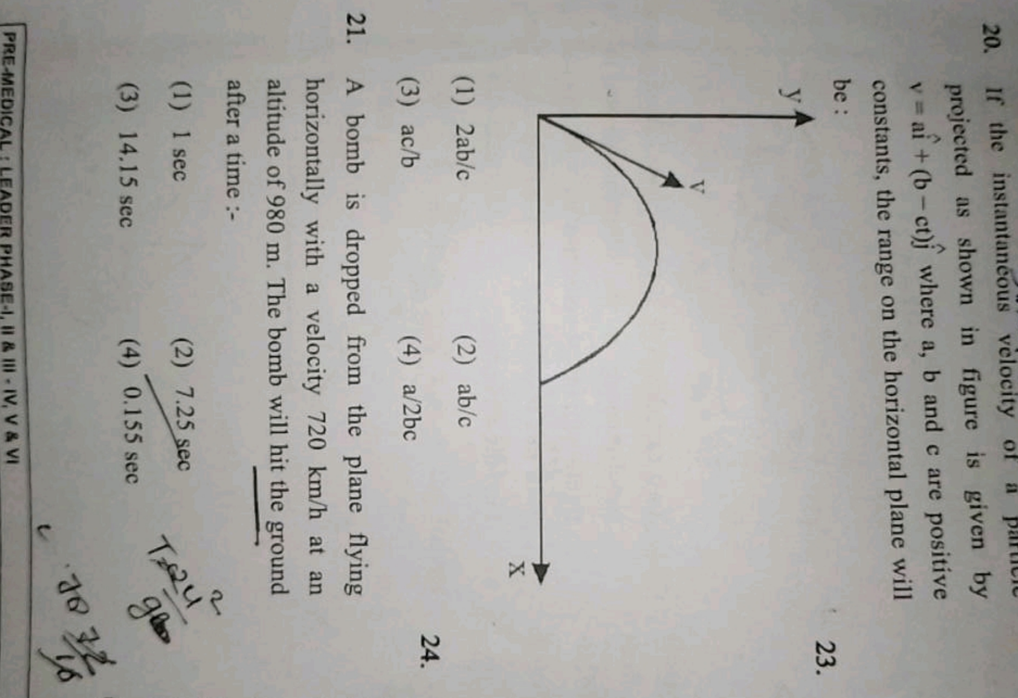 20. If the instantaneous velocity of a projected as shown in figure is