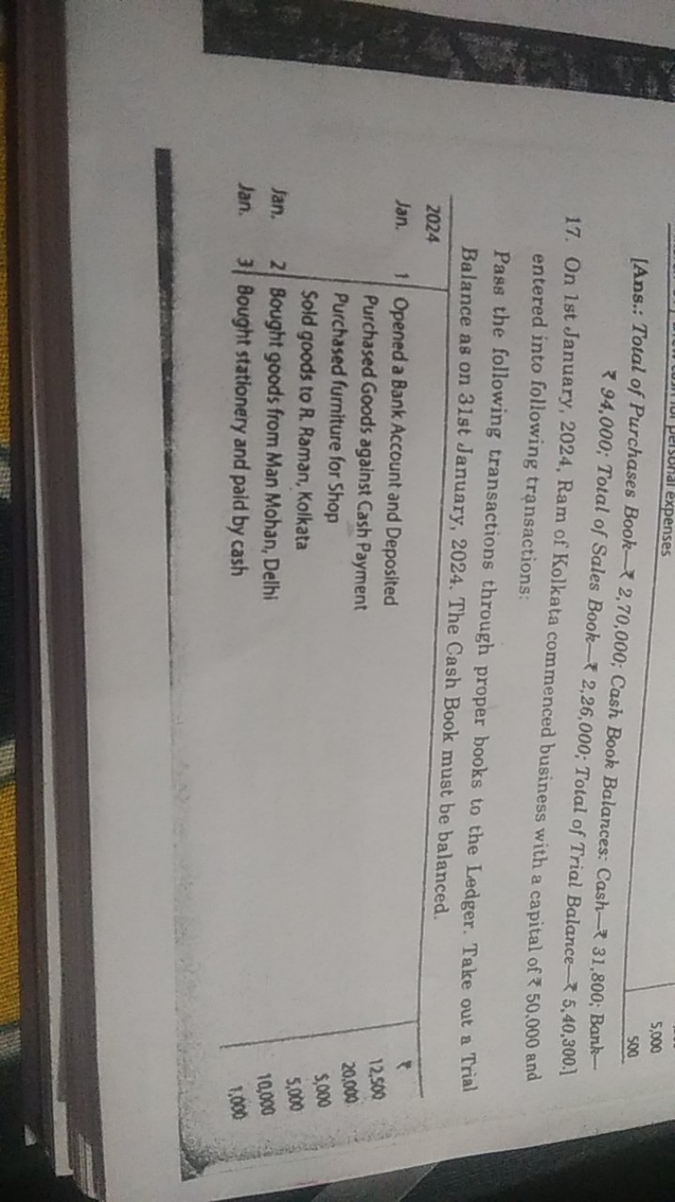 [Ans.: Total of Purchases Book—₹ 2,70,000; Cash Book Balances: Cash-₹ 