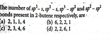 The number of sp3−s,sp2−s,sp3−sp2 and sp2−sp2 bonds present in 2-buten