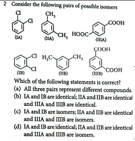 2 Consider the following pairs of possible isomers
Clc1ccccc1Cl
(IA)
C