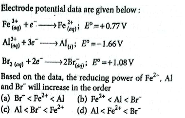 Electrode potential data are given below :
Fe(aq)3+​+e−⟶Fe(aq)2+​;E∘=+