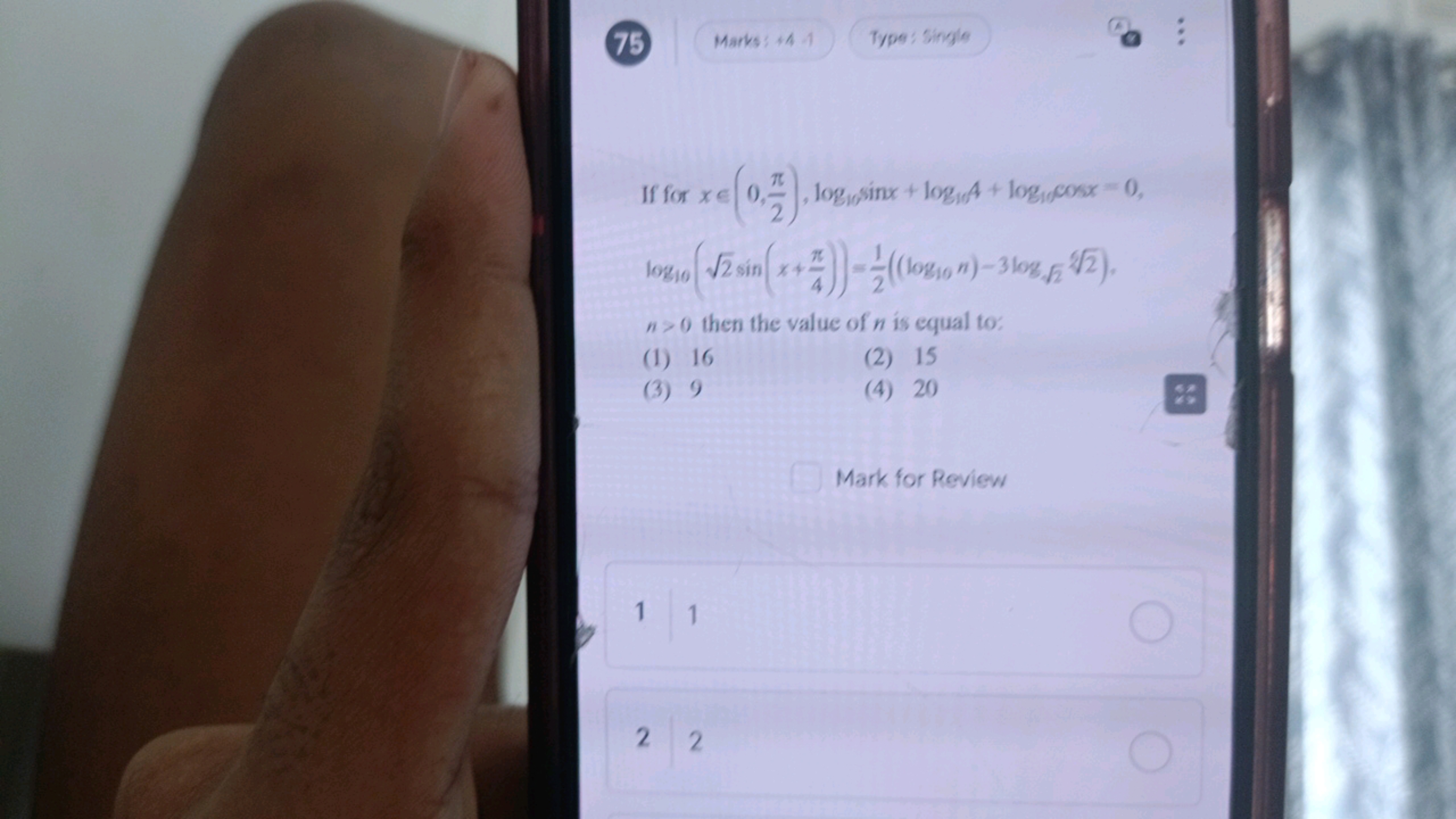 75
Marks : 4
Type: Single

If for x∈(0,2π​),log10​sinx+log10​4+log10​c