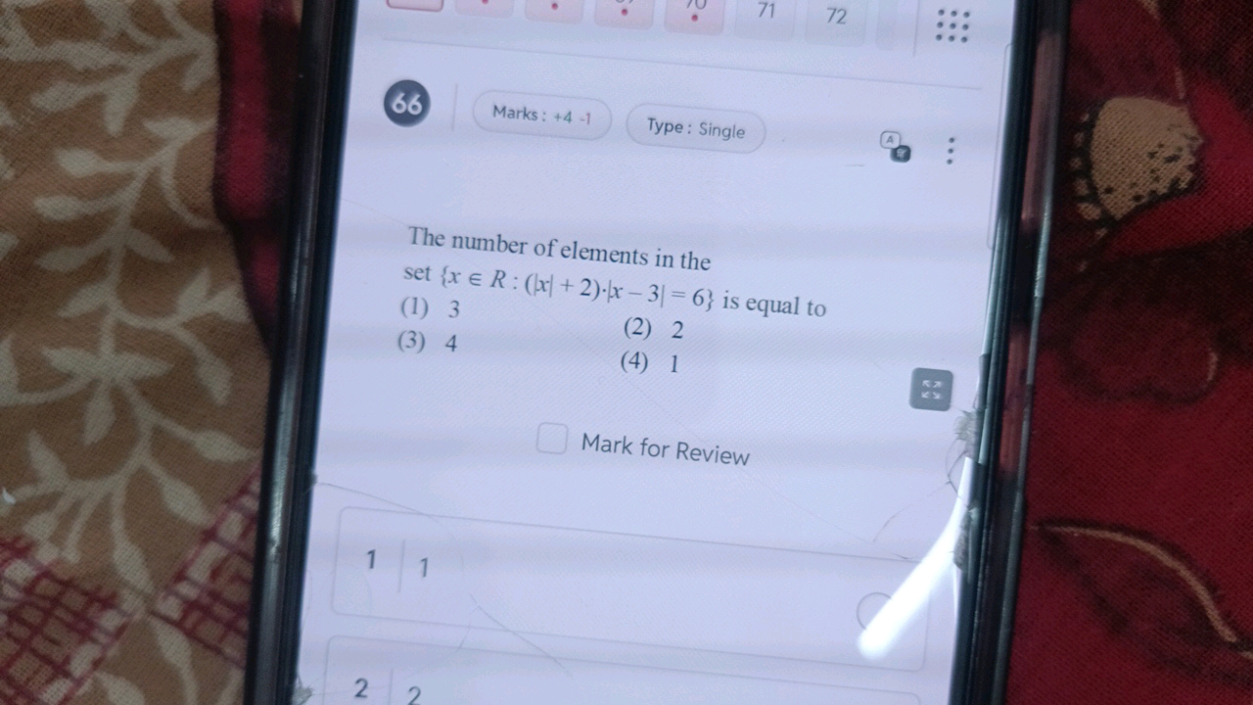 Marks : + 4 -1
Type: Single

The number of elements in the set {x∈R:(∣