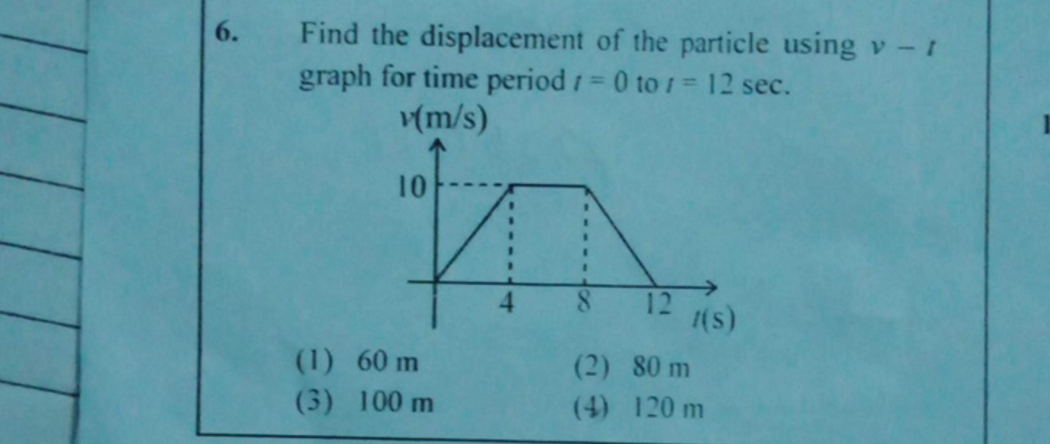 6. Find the displacement of the particle using v−t graph for time peri