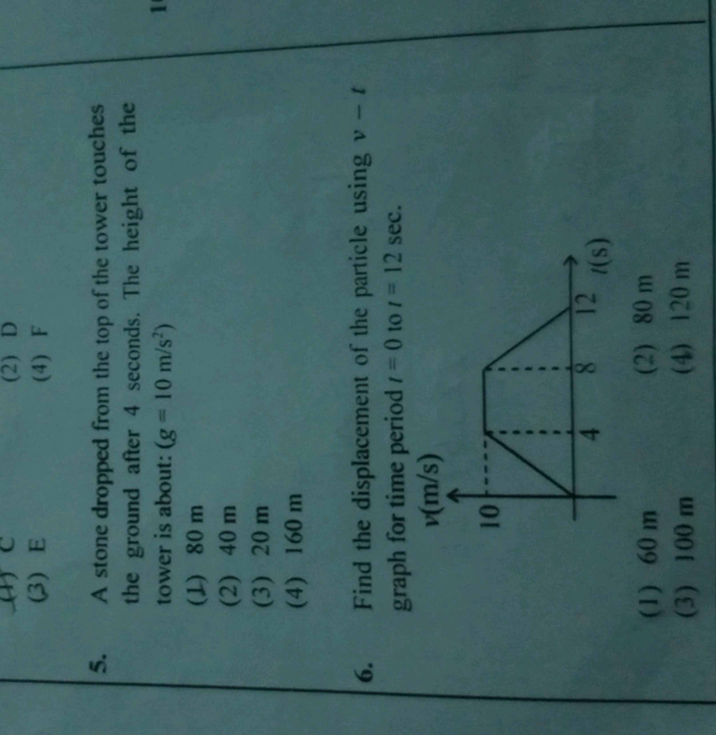 (3) E
(4) F
5. A stone dropped from the top of the tower touches the g