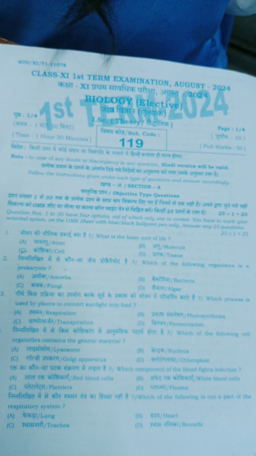 Ava/X1/T141078
CLASO KI 1st TERM EXAMINATION, AUGUST - 2924 कक्षा - XI