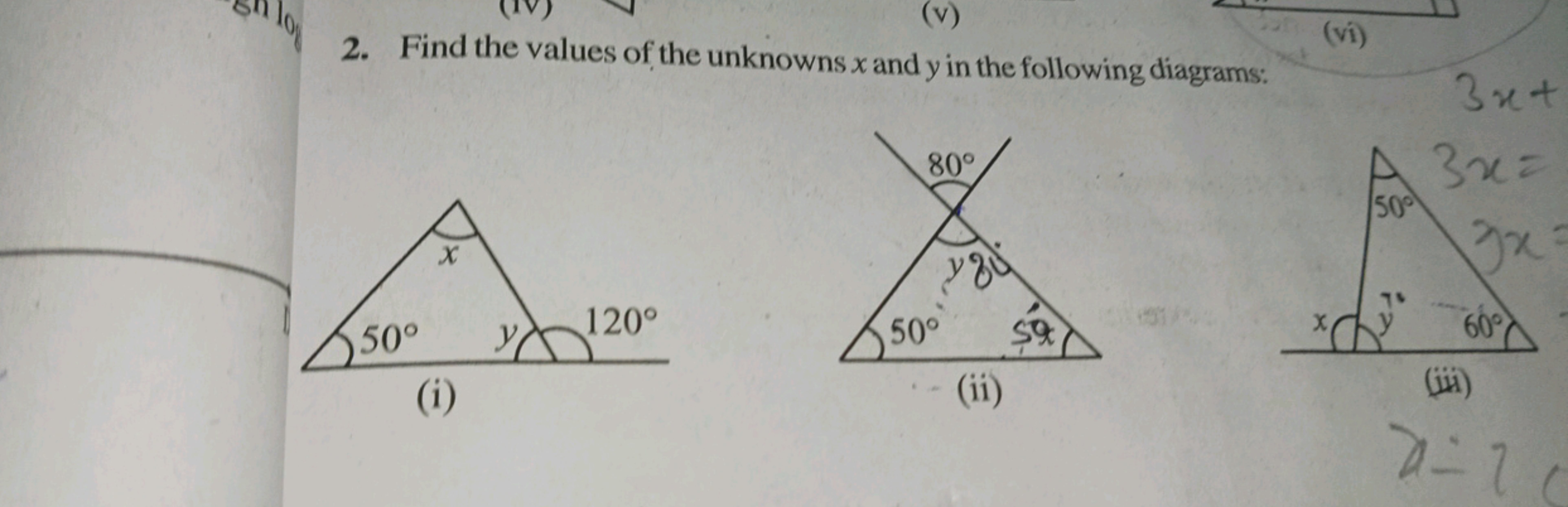 2. Find the values of the unknowns x and y in the following diagrams:
