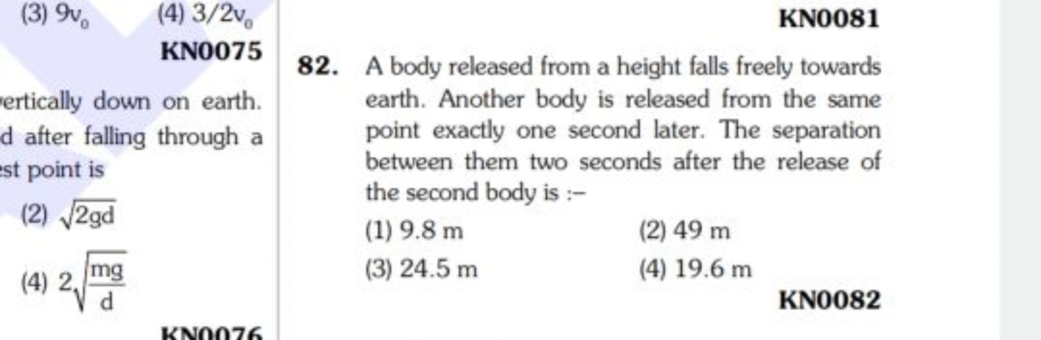 (3) 9v0​
(4) 3/2v0​

KN0075
ertically down on earth. d after falling t