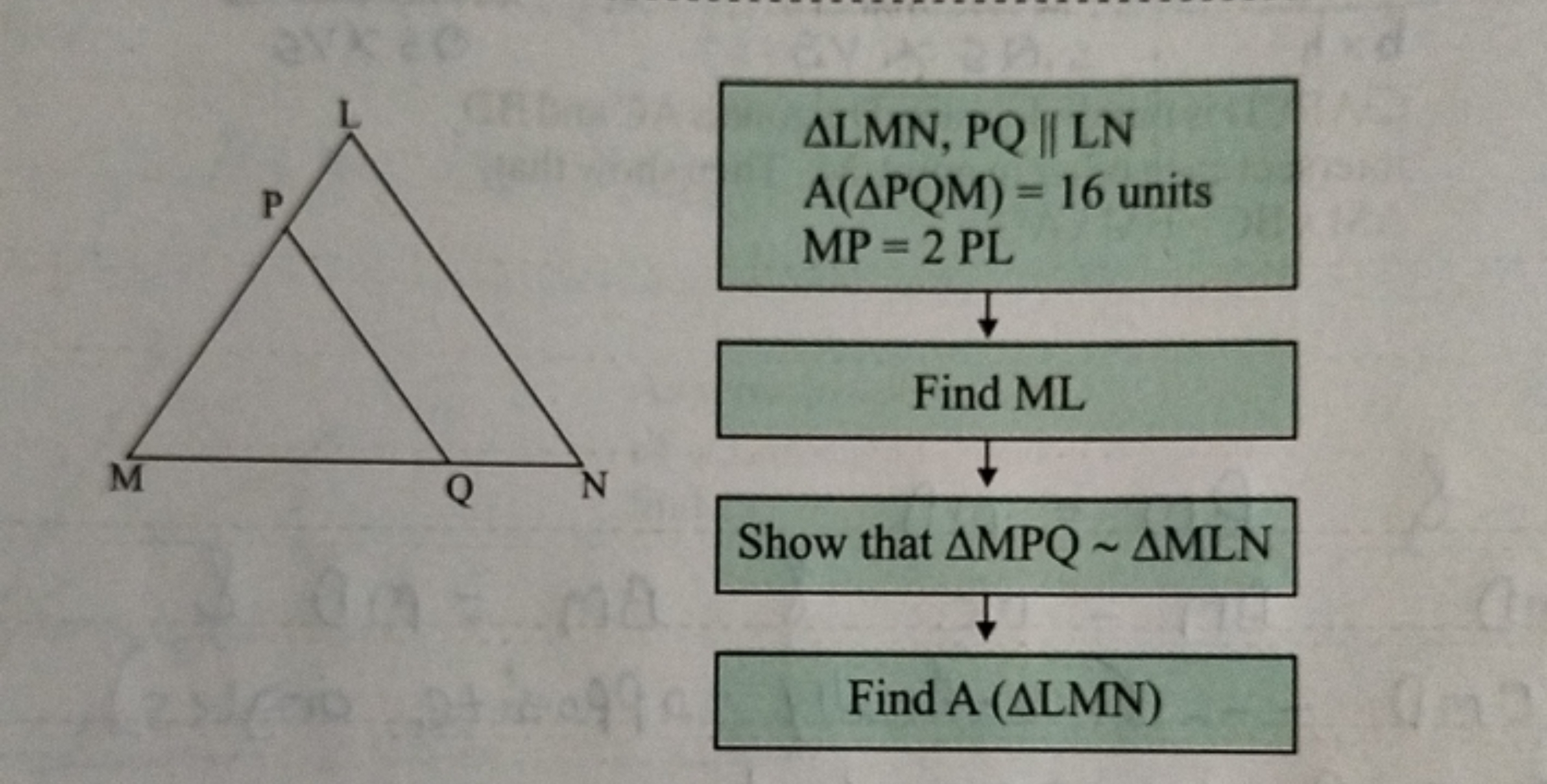 P
M
Q
ALMN, PQ || LN
A(APQM) = 16 units
MP = 2 PL
Find ML
N
Show that 