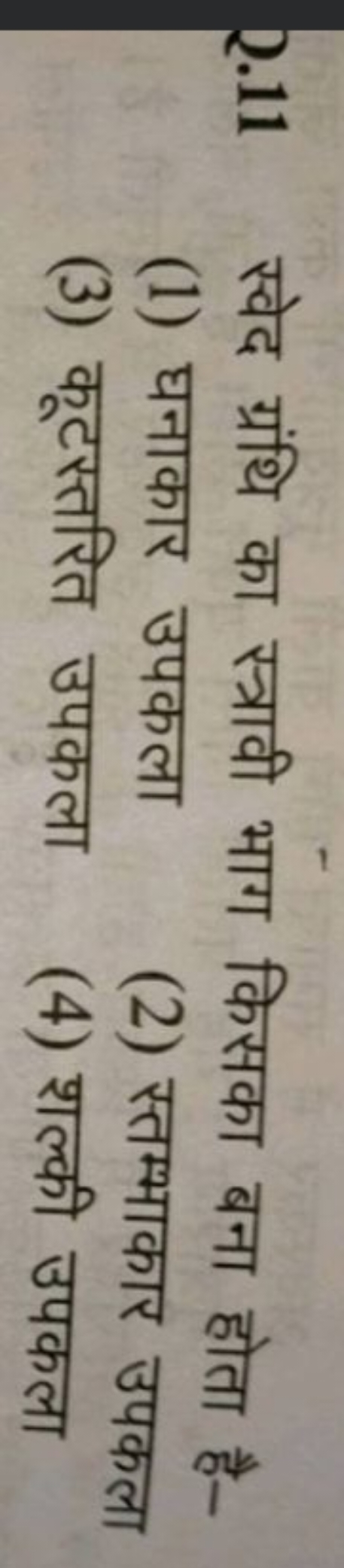 Q. 11 स्वेद ग्रंथि का स्त्रावी भाग किसका बना होता है-
(1) घनाकार उपकला