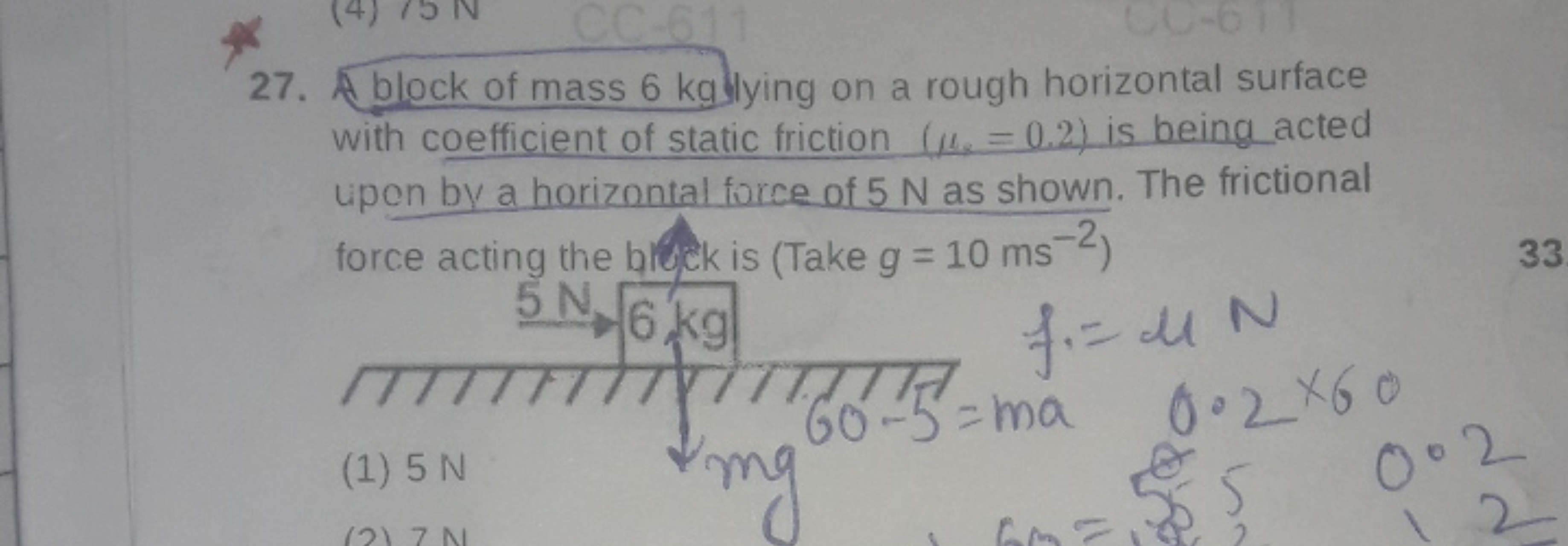 27. block of mass 6 kg lying on a rough horizontal surface with coeffi