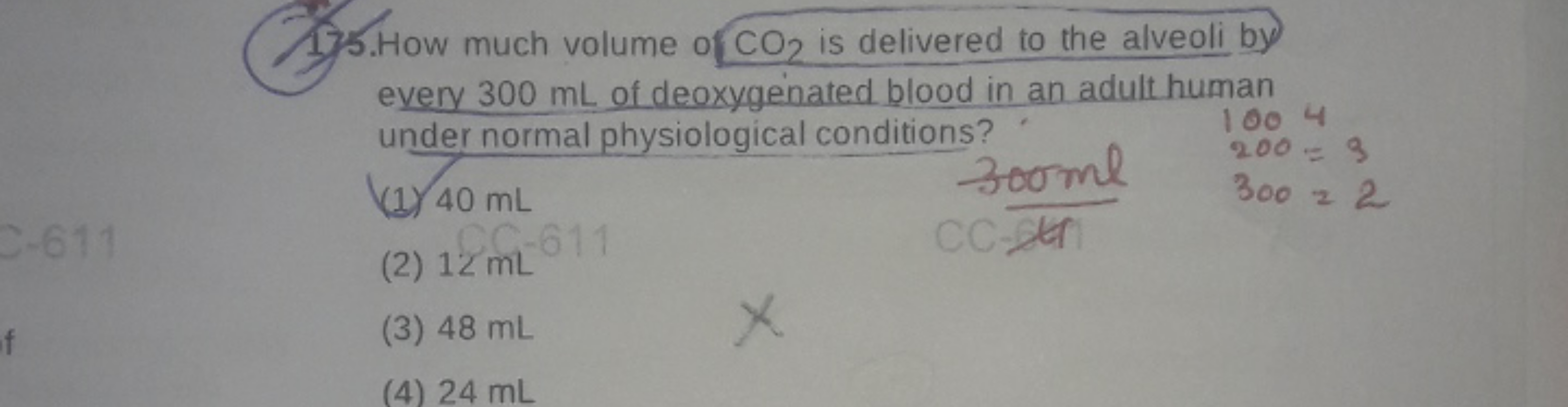 175. How much volume of CO2​ is delivered to the alveoli by every 300 