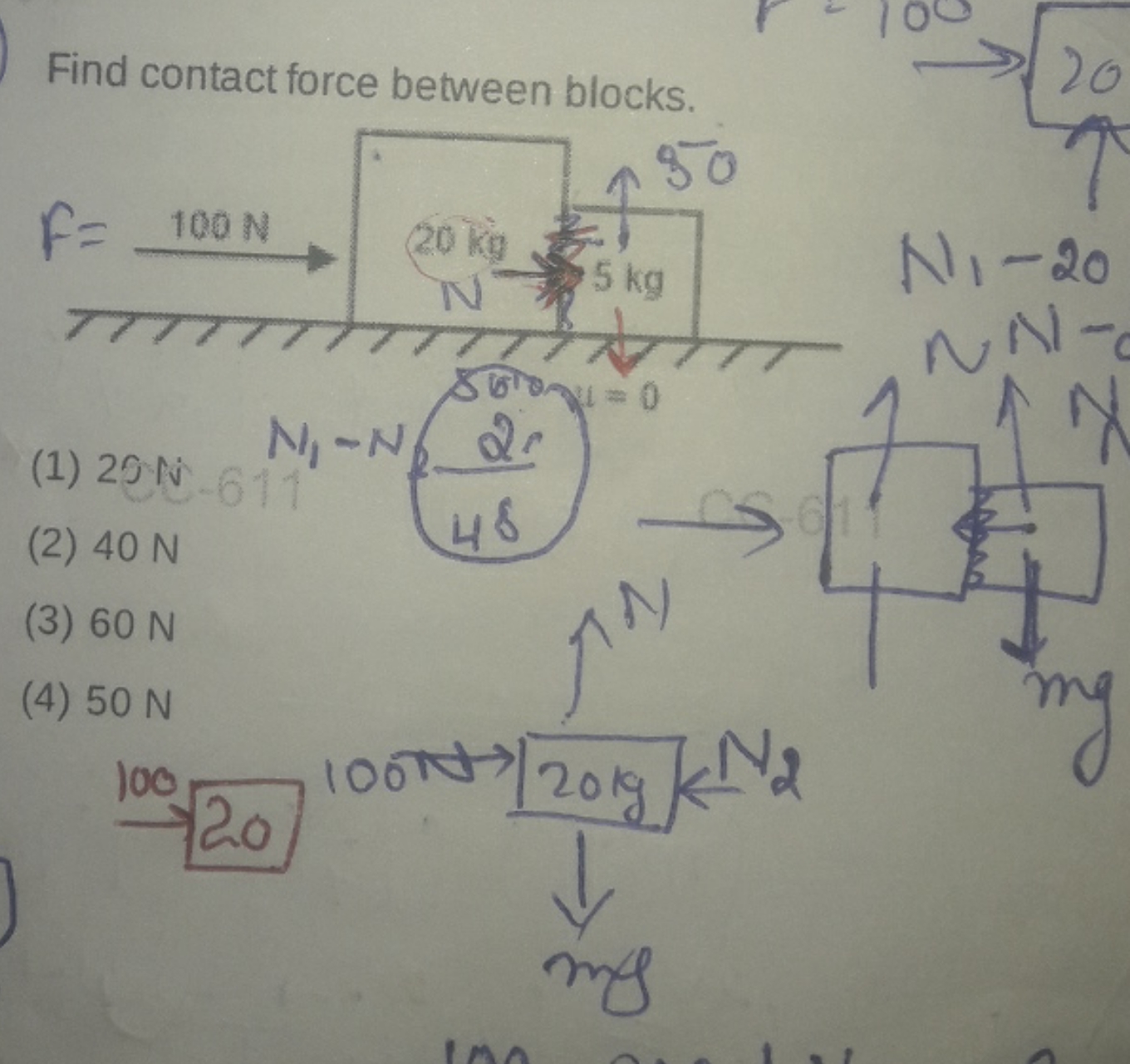 Find contact force between blocks.
N1​−20
(1) 29 iv
(2) 40 N
(3) 60 N
