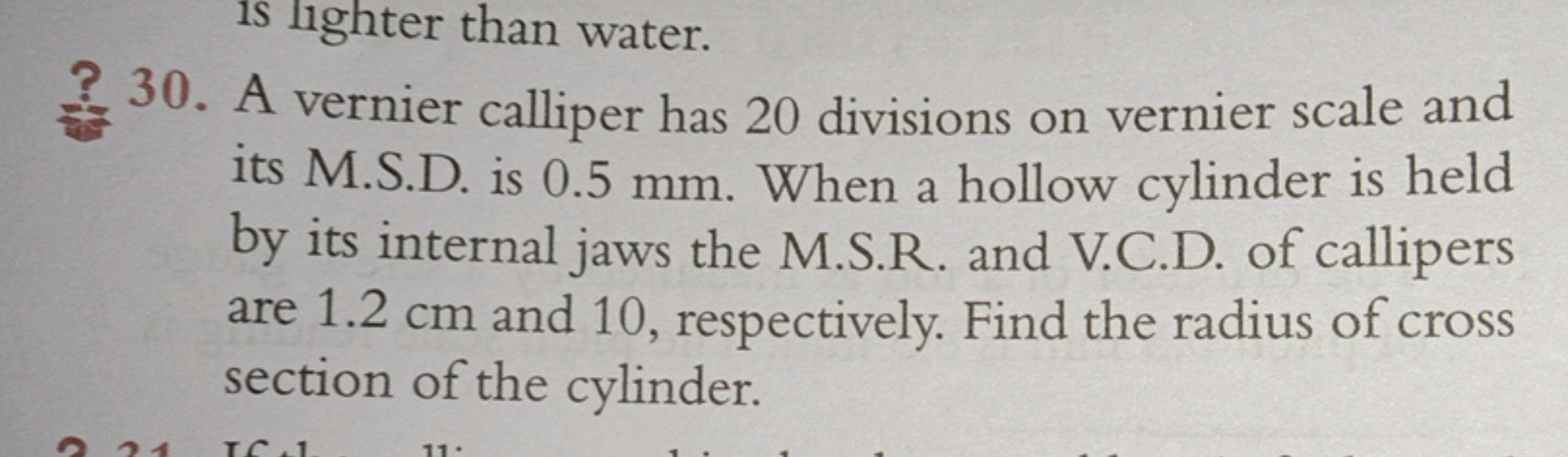 is lighter than water.
? 30. A vernier calliper has 20 divisions on ve