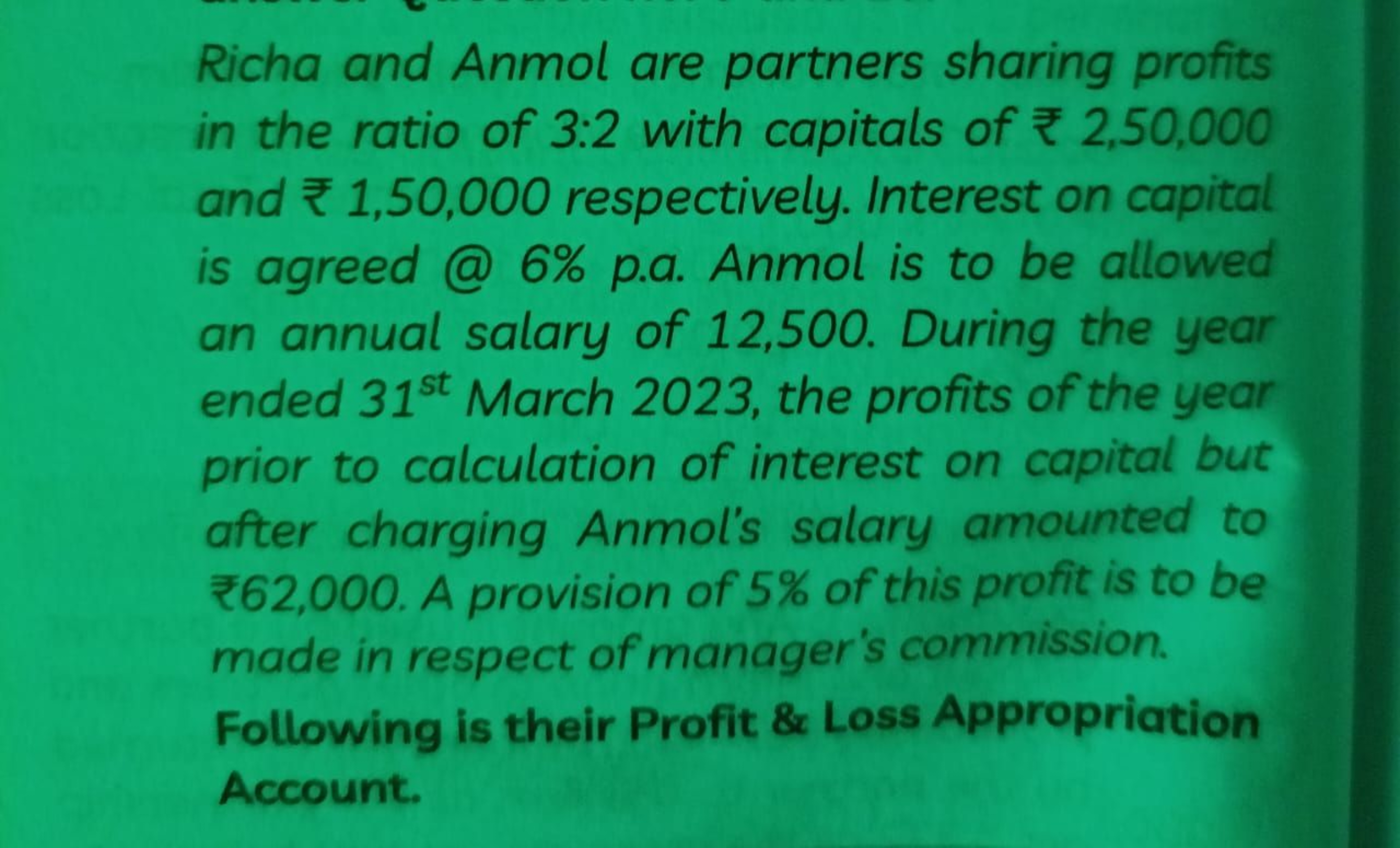 Richa and Anmol are partners sharing profits in the ratio of 3:2 with 