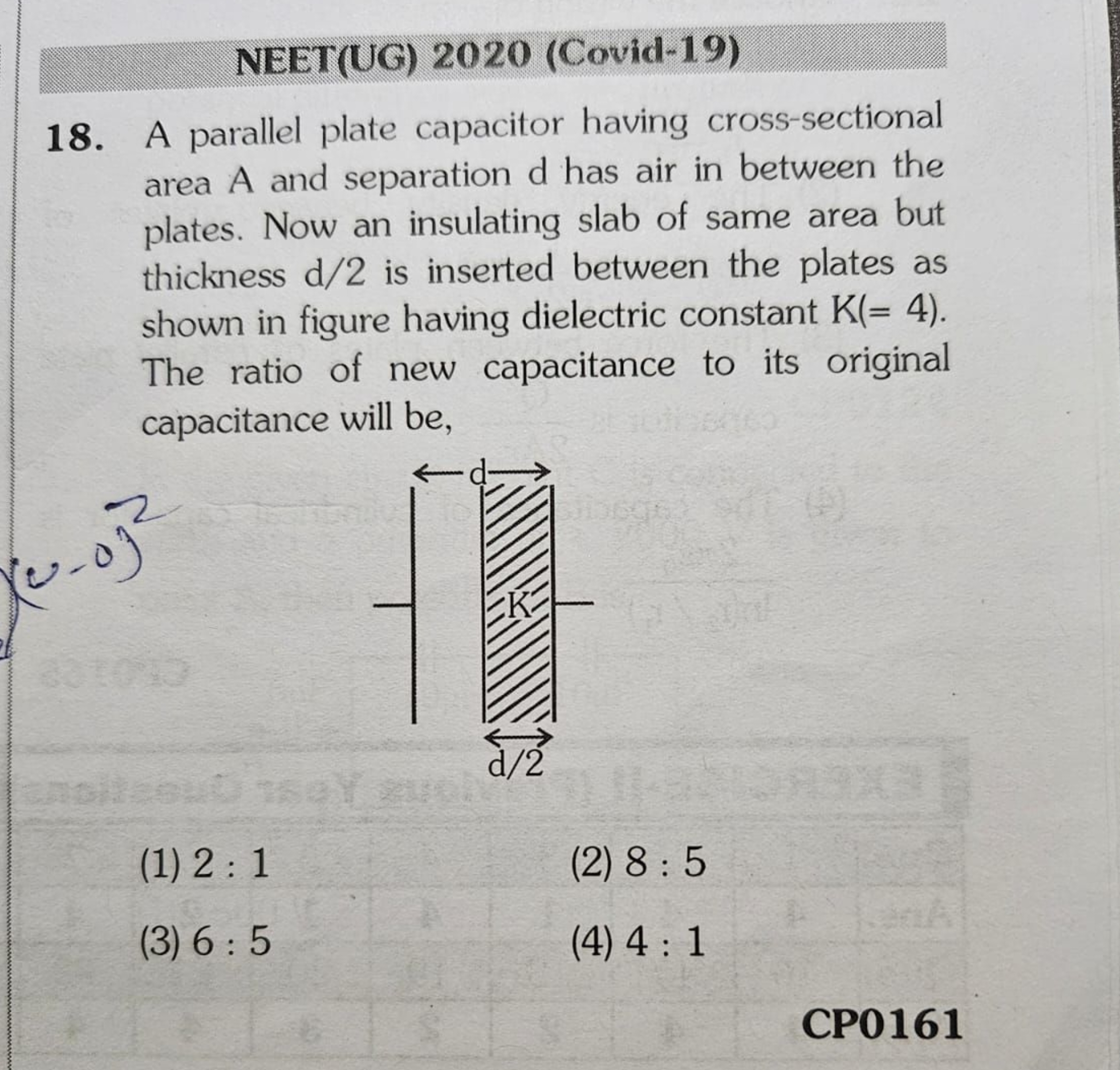 NEET(UG) 2020 (Covid-19)
18. A parallel plate capacitor having cross-s