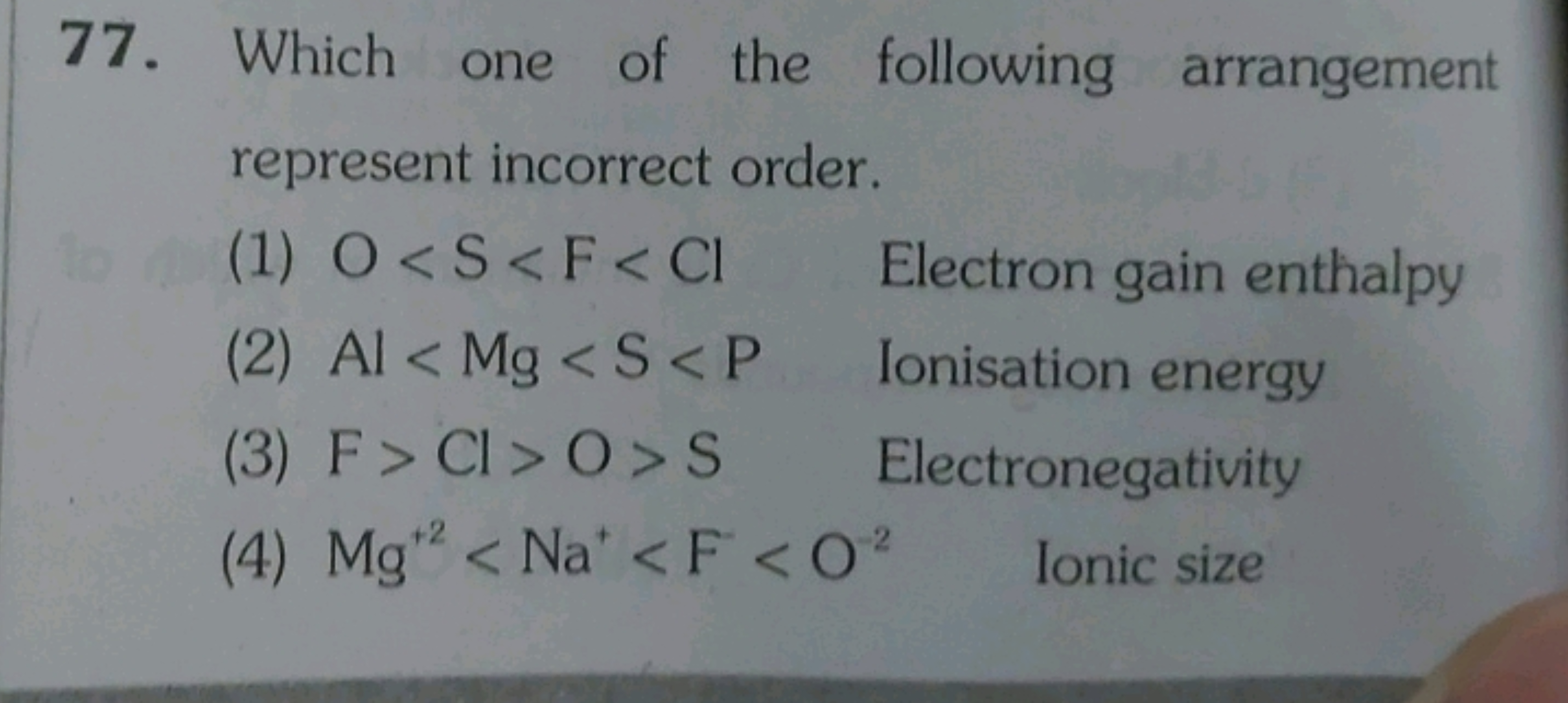 77. Which one of the following arrangement represent incorrect order.
