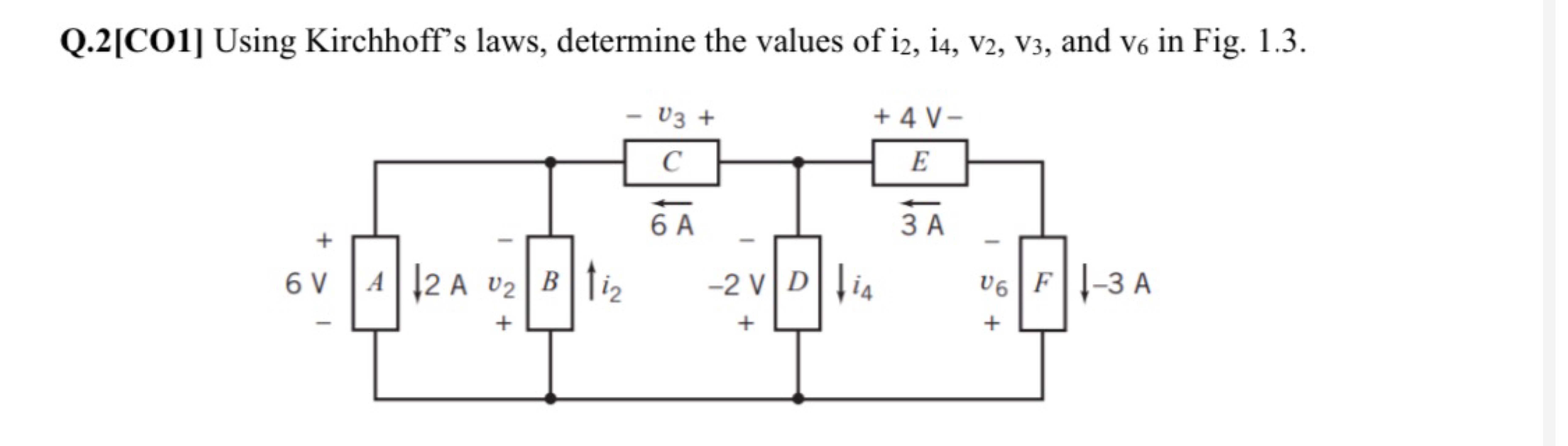 Q.2[CO1] Using Kirchhoff's laws, determine the values of i2​,i4​,v2​,v