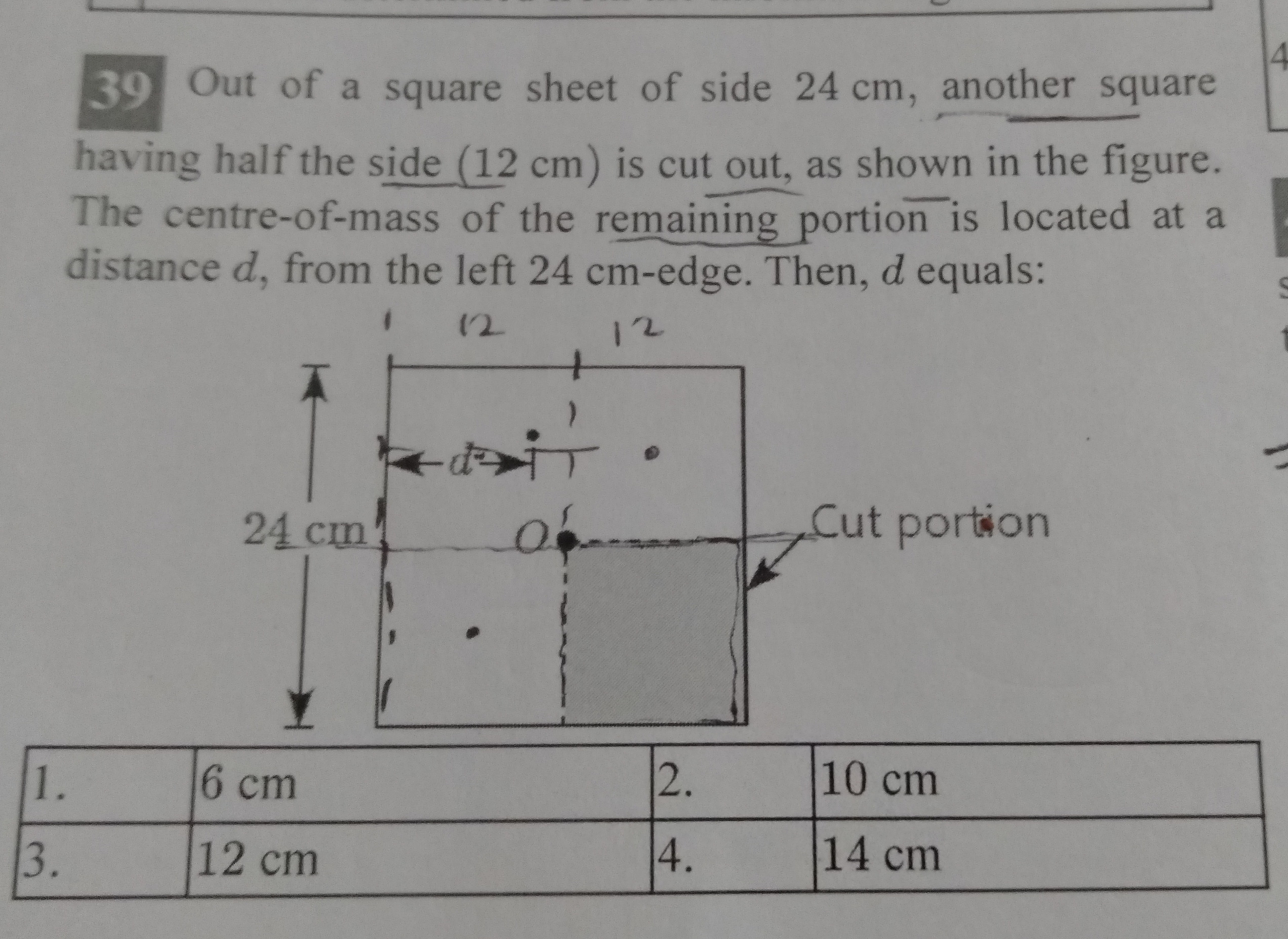 4
39 Out of a square sheet of side 24 cm, another square
having half t