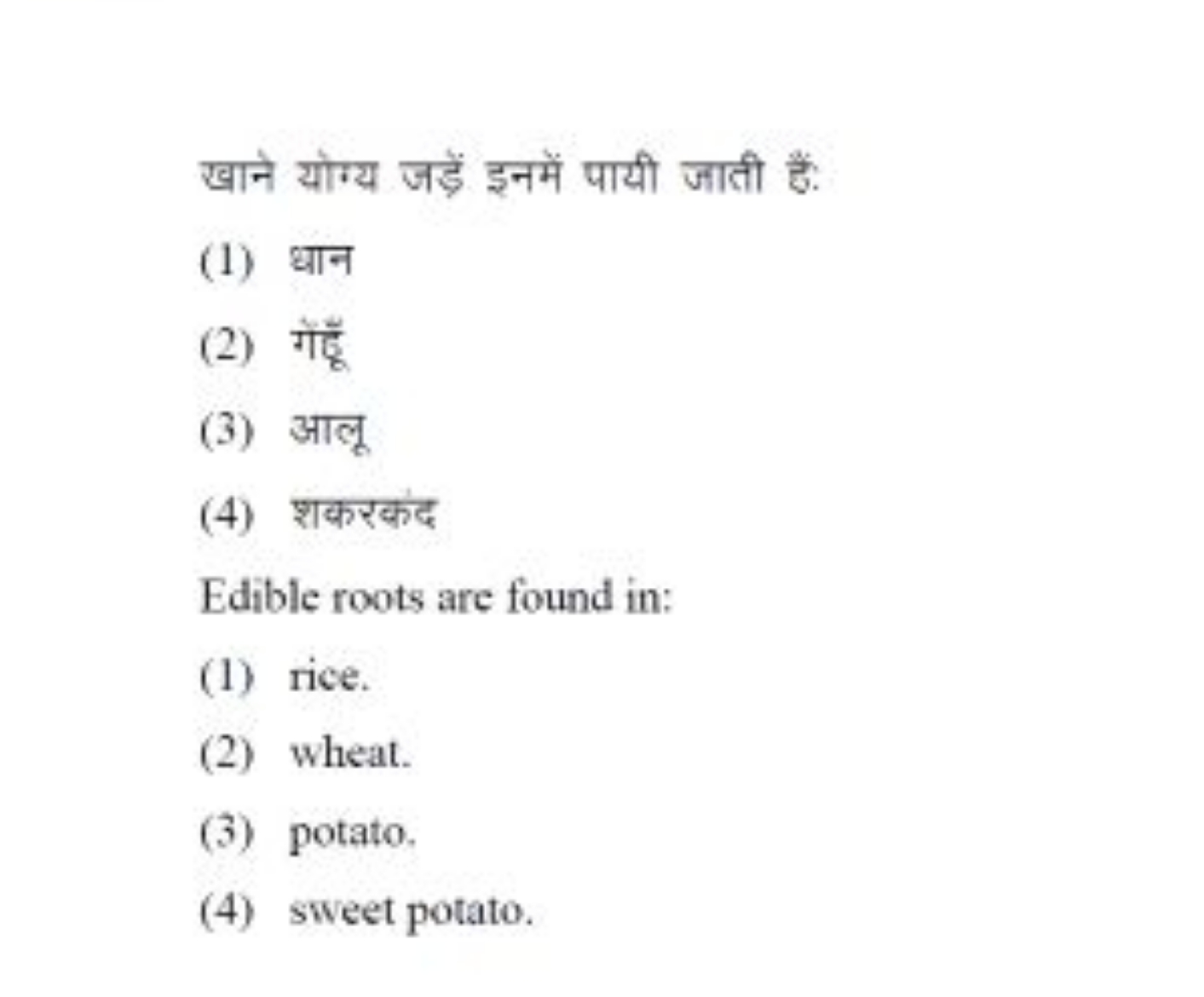 खाने योग्य जड़ें इनमें पायी जाती हैं:
(1) धान
(2) गेड़ूँ
(3) आलू
(4) श